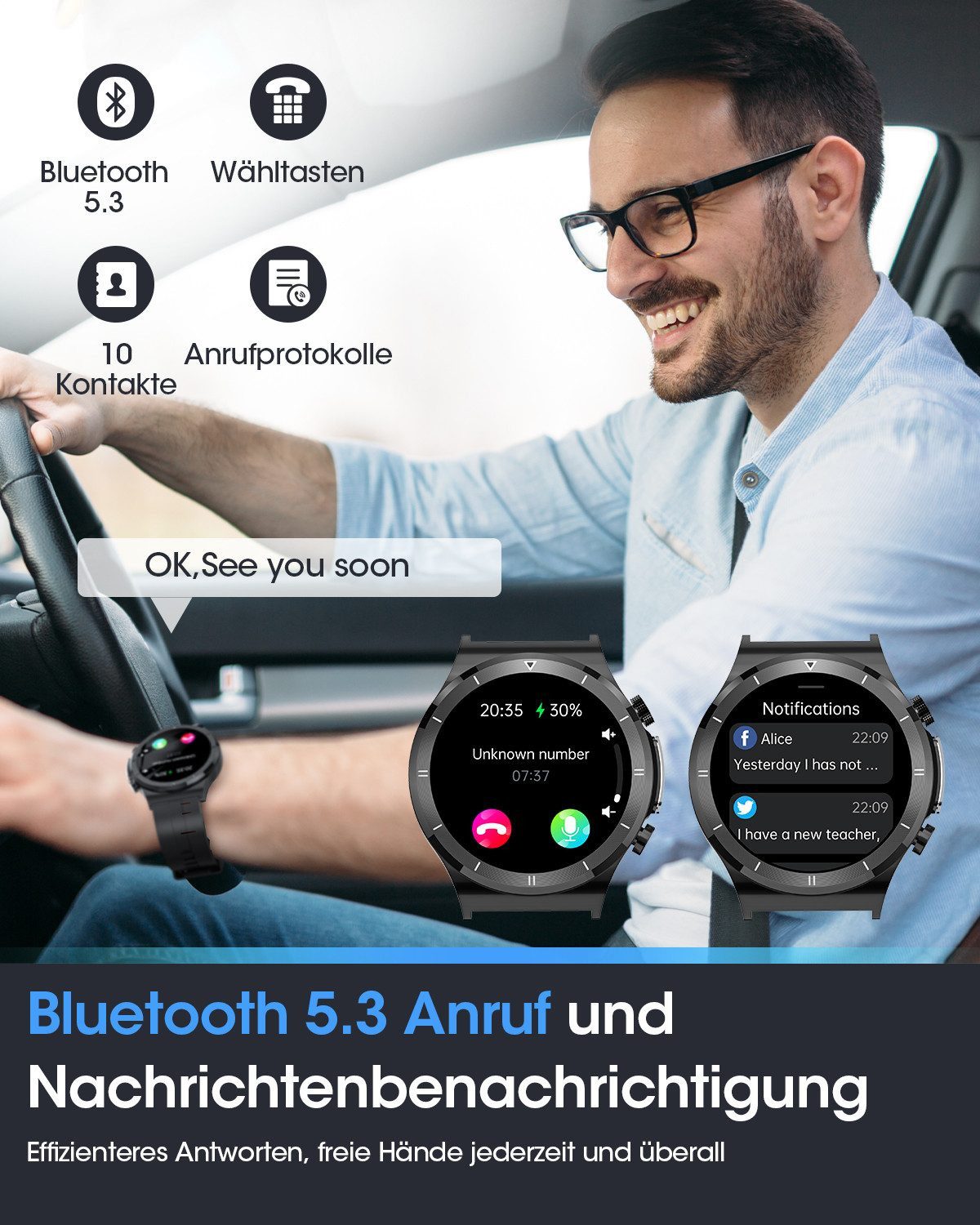 SWGOTA Smartwatch Herren mit ʙʟᴜᴛᴢᴜᴄᴋᴇʀ/EKG+PPG/Blutdruck/BMI-Überwachung Smartwatch (3.53 cm/1.39 Zoll) IP68 Wasserdichter Smartwatch Herren Militär mit 100+ Sportmodi, austauschbaren Armbänder, Fitnesstracker mit Herzfrequenz/SpO2/ɴɪᴄʜᴛ-ɪɴᴠᴀɪᴠᴇ ʙʟᴜᴛᴢᴜᴄᴋᴇʀᴍᴇᴜɴɢ