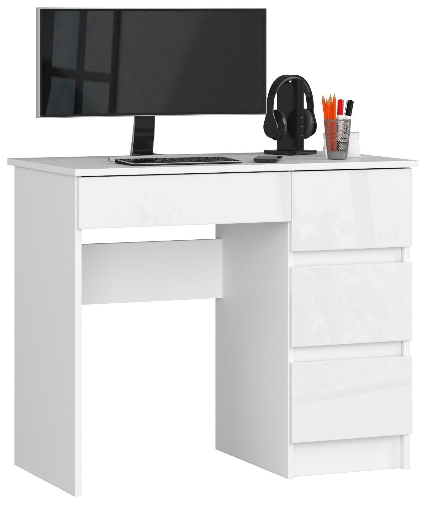 Home Collective Computertisch Bürotisch, 90 x 50 x 77 cm, abriebfeste Laminatplatte mit ABS-Kante, 4 Schubladen, ausziehbarer Tastaturablage, 16 mm stark, weiß hochglanz