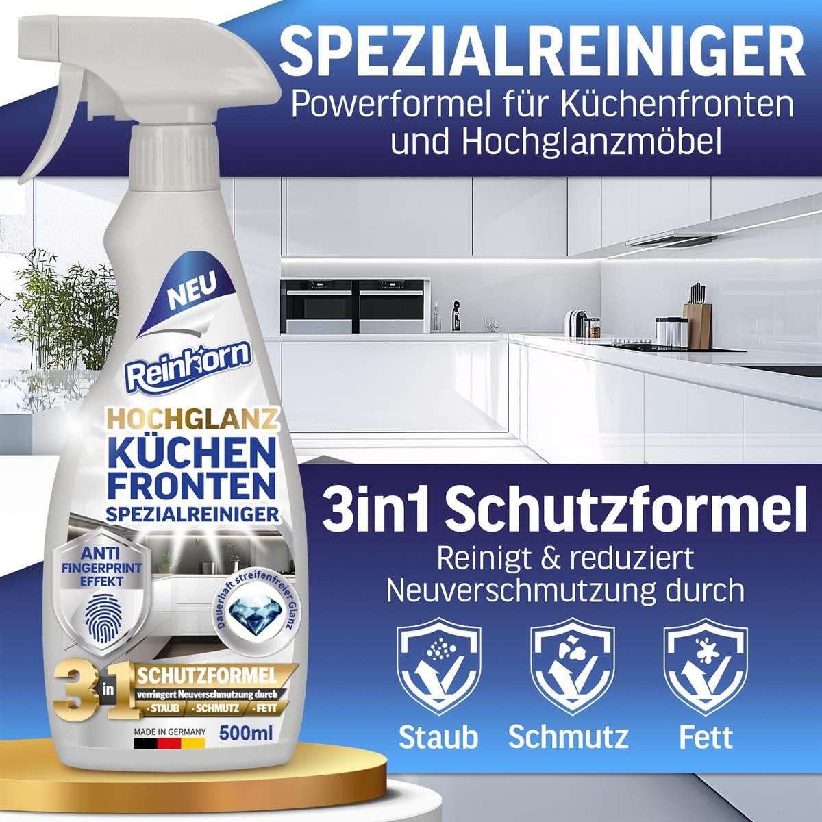 Reinhorn Küchenfronten Reiniger Hochglanz – Fettlöser mit Versiegelung 500 ml Küchenreiniger (Spezial Reiniger für Hochglanz Küchenfronten,Entfetter)