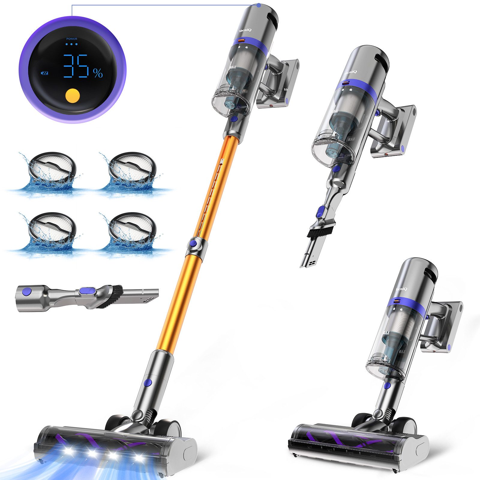 VacniQ Akku-Hand-und Стальной пылесос Стальной пылесос 66000pa,1.2L/6-stufiger HEAP-Filter, V-förmiger Anti-Tangle-Bürstenkopf