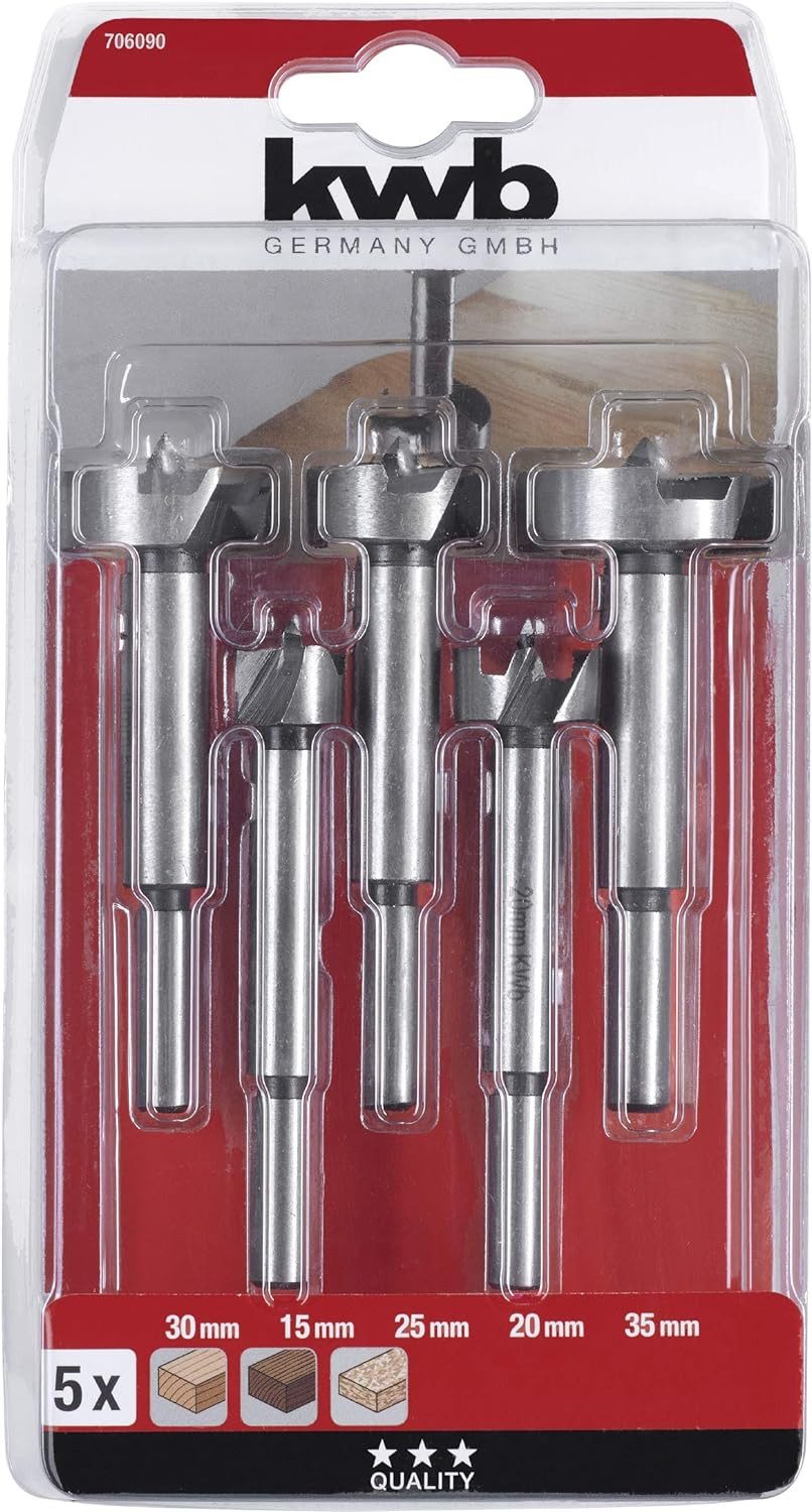 kwb Bohrer- und Bit-Set kwb Forstner-Bohrer-Set, 5-teilig für Holz 15 - 35 mm mit abgedrehtem, kwb Forstner-Bohrer-Set, 5-teilig für Holz 15 - 35 mm mit abgedrehtem