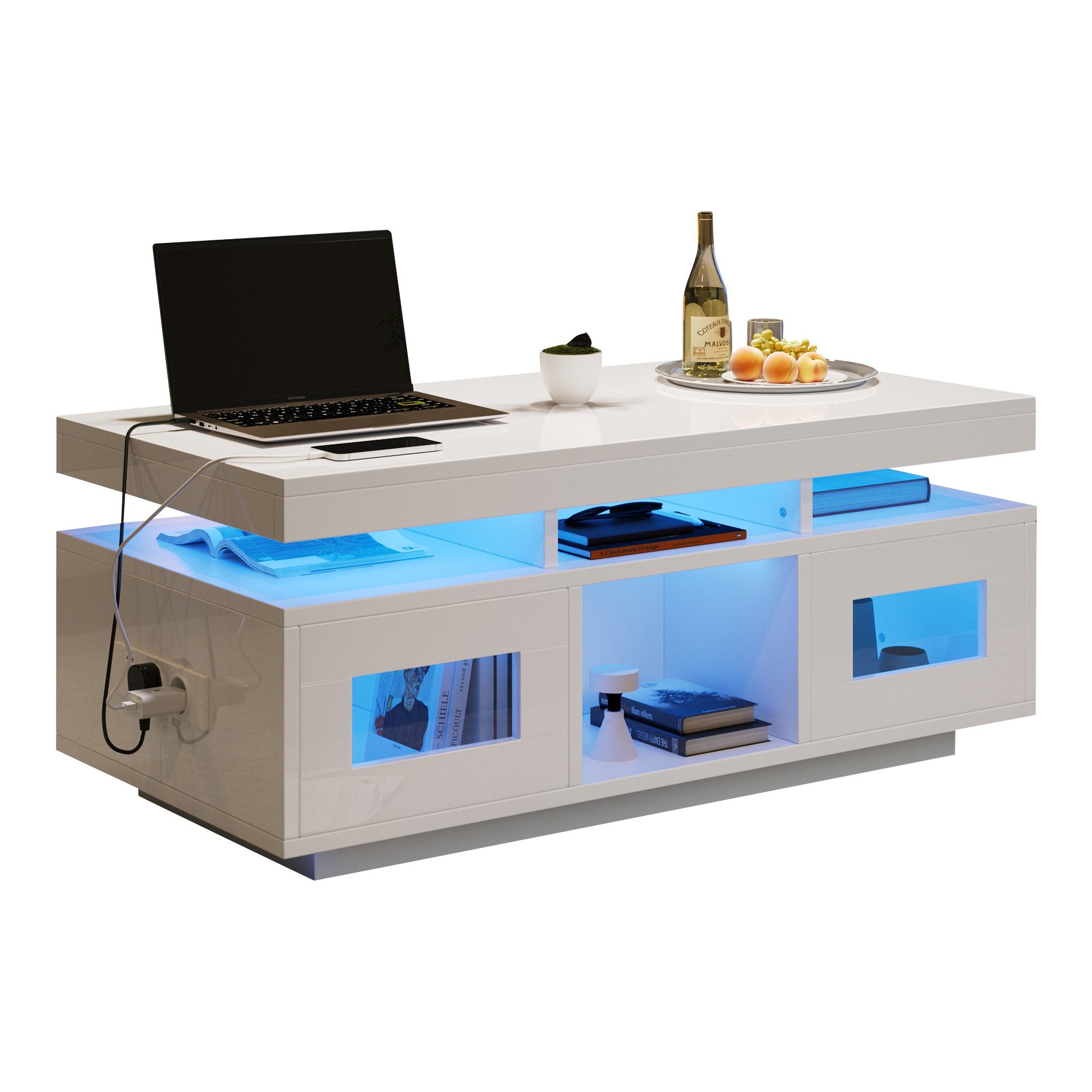 Merax Couchtisch hochglanz Sofatisch mit LED-Beleuchtung & USB-Ladeanschlus günstig online kaufen