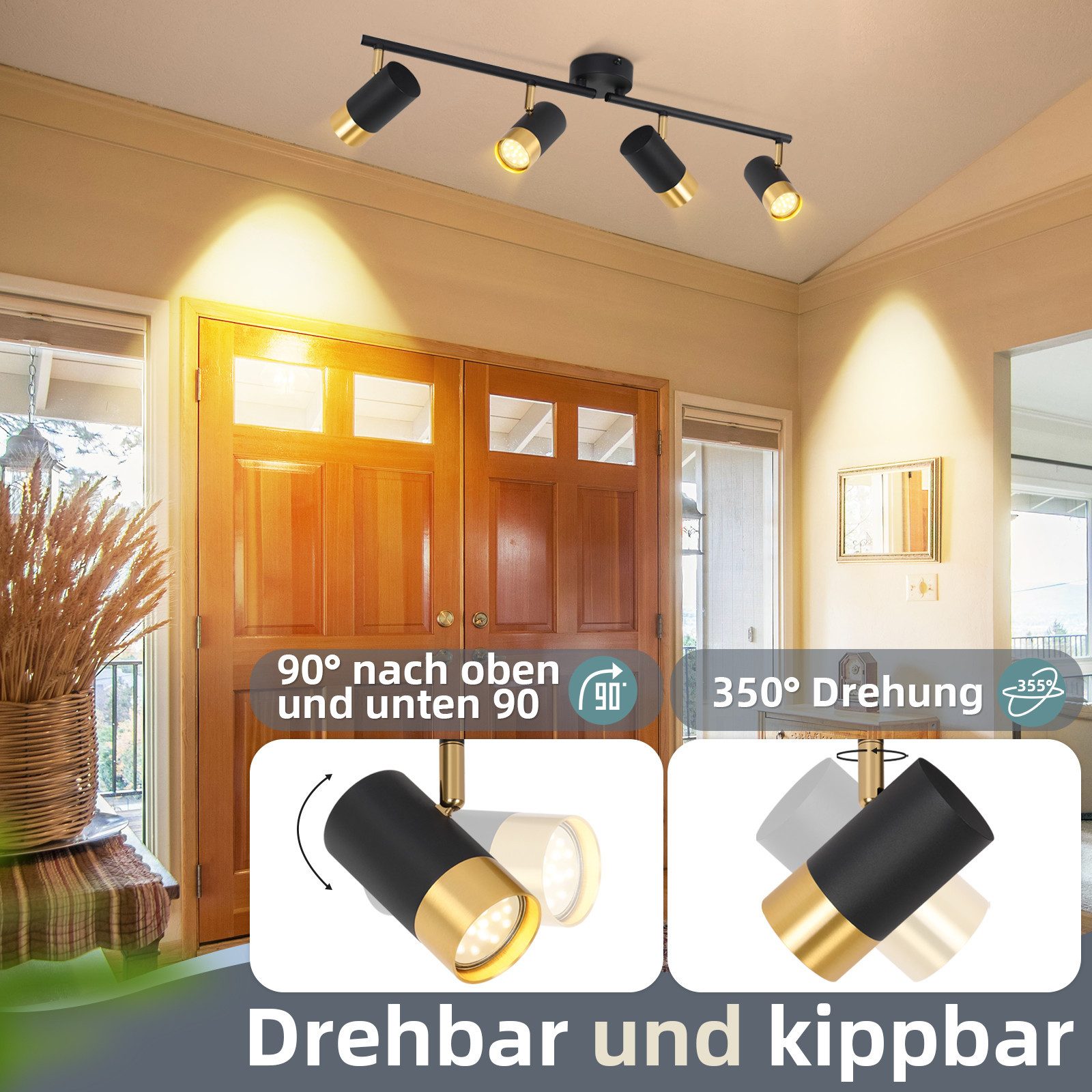 ZMH Deckenstrahler 2/3/4 Flammig-GU10 Schwarz-Gold Modern Deckenlampe für Wohnzimmer, Einfache Installation, ohne Leuchtmittel