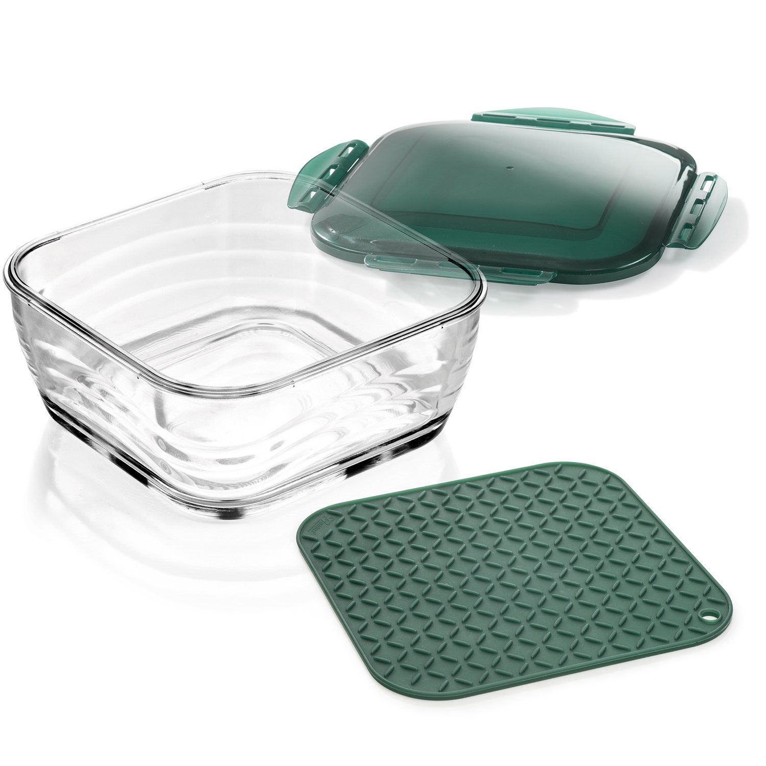 Genius Aufbewahrungsschüssel Genius Auffangbehälter Auflaufform Glasschüssel Set Nicer Dicer Chef, Material: Kunststoff, Glas, (Set besteht aus Glasschüssel, Deckel und Silikonmatte)