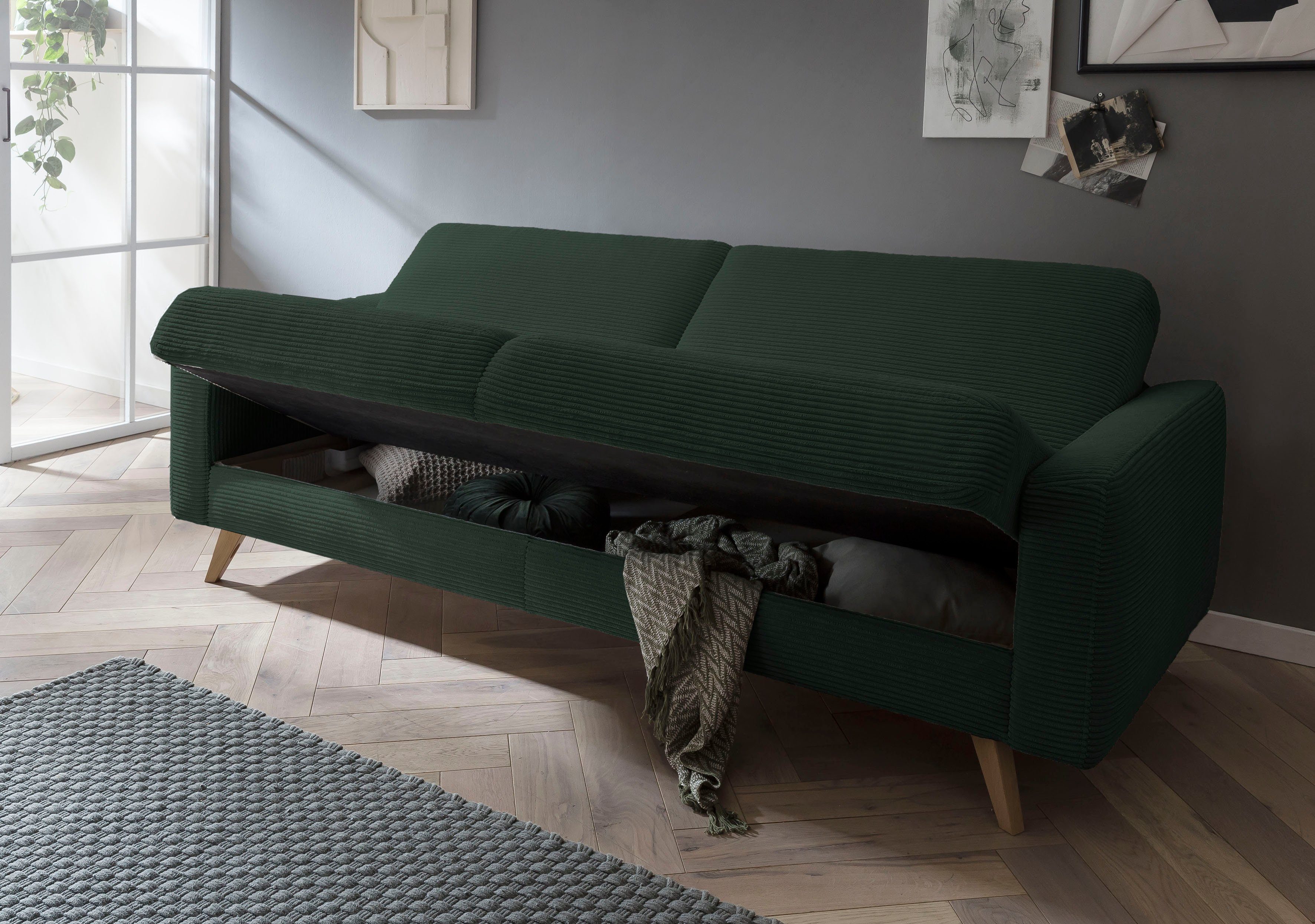 fashion sofa Samso, Bettfunktion und 3-Sitzer pine - Inklusive exxpo Bettkasten
