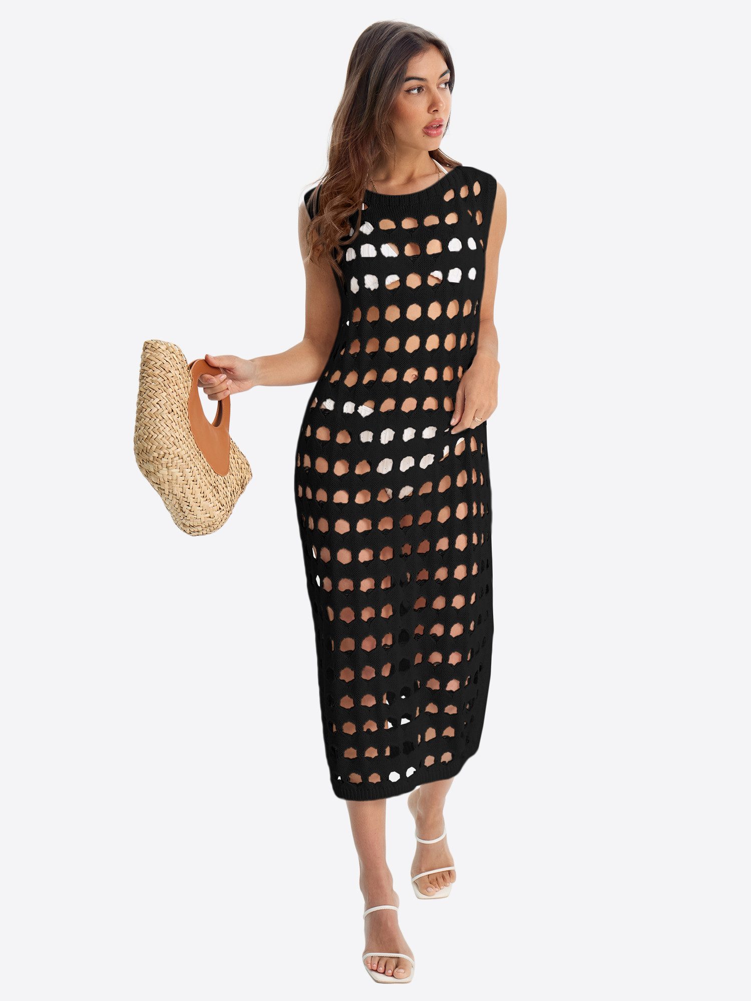 Imily Bela Strandkleid Damen Strand-Cover-up-Kleid mit Lochmuster (Packung, 1-tlg., 1per-Pack) in Unifarbe