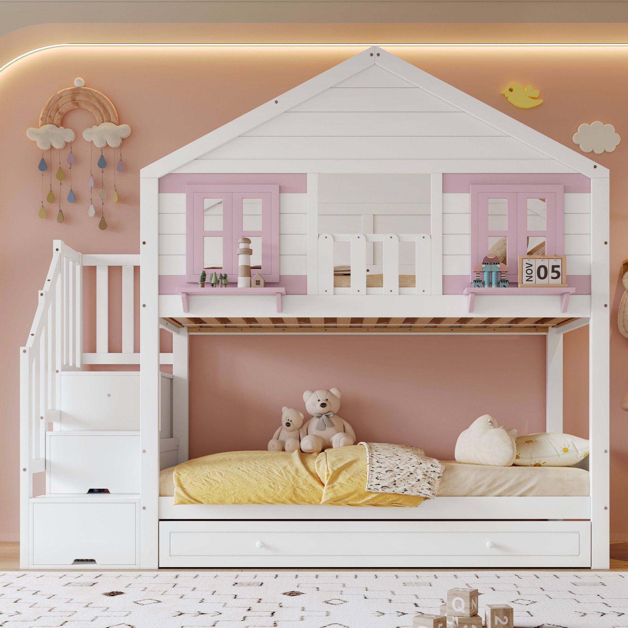 Flieks Etagenbett, Kinderbett Hausbett 90x200cm mit Ausziehbett 90x190cm & Stauraumtreppe