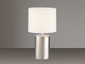 meineWunschleuchte LED Nachttischlampe, LED wechselbar, Warmweiß, Lampenfuß Keramik Silber Antik, Lampenschirm Leinen Weiß, Höhe 35cm