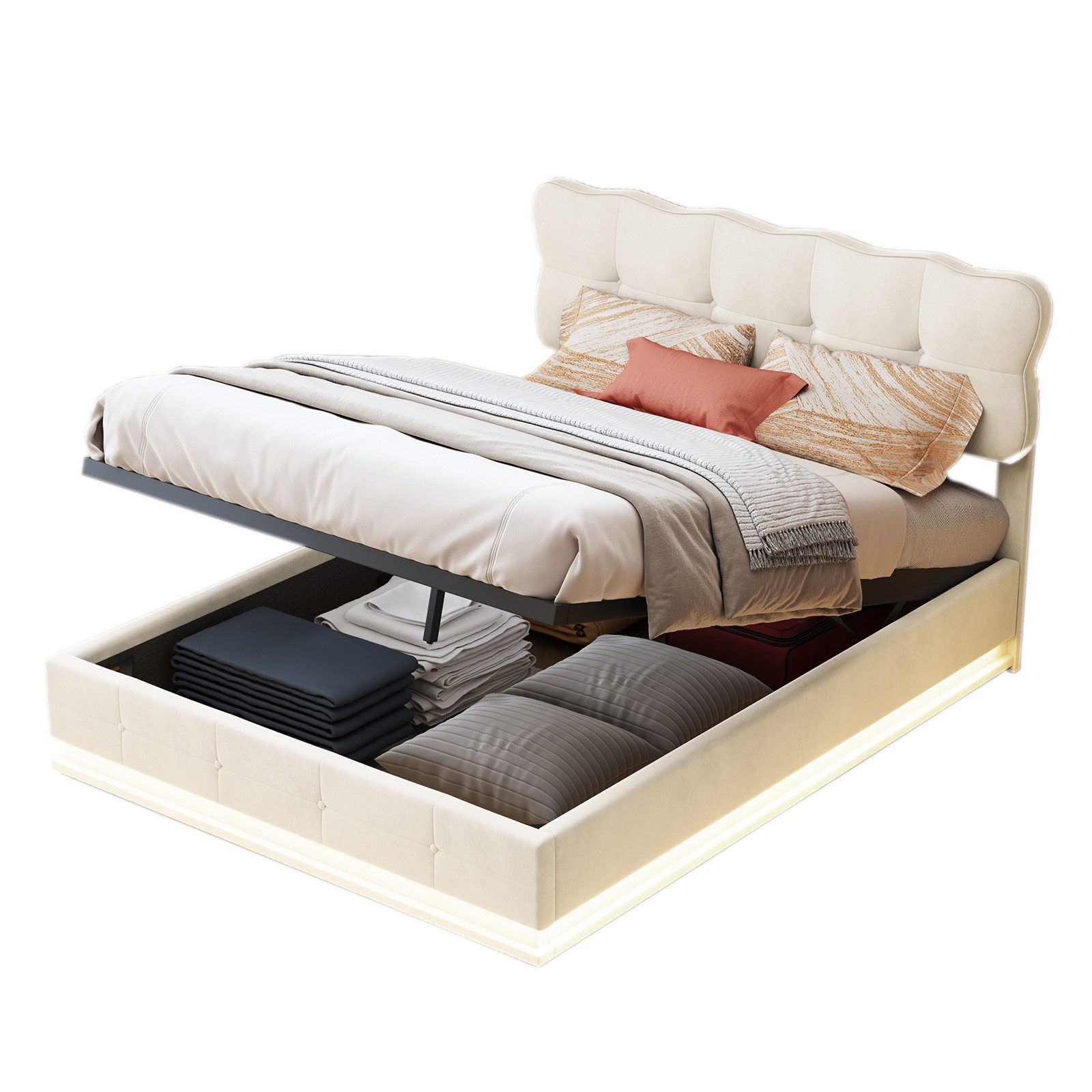 FUROKOY Stauraumbett Polsterbett Doppelbett mit LED-Beleuchtung günstig online kaufen