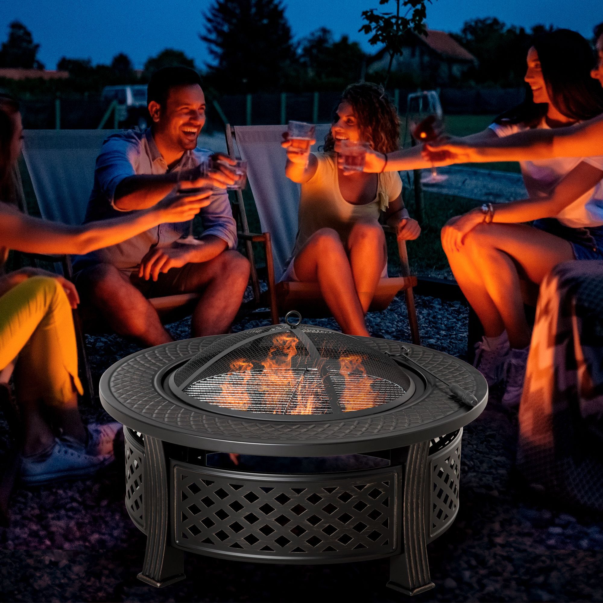 Outsunny Feuerschale Feuerkorb Feuertisch rund Feuerstelle für Garten Camping BBQ, (Funkenschutz, 1-St., Feuerschale mit Schürhaken), Stahl Schwarz 81 x 81 x 50 cm