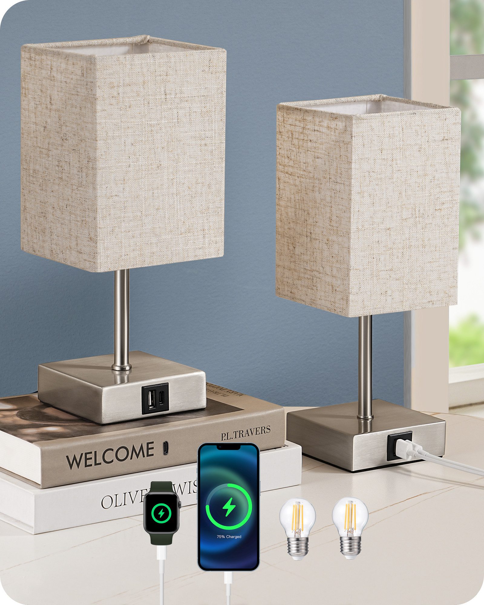 EDISHINE LED Nachttischlampe Touch Dimmbar, 2er-Set Tischleuchten mit USB, günstig online kaufen