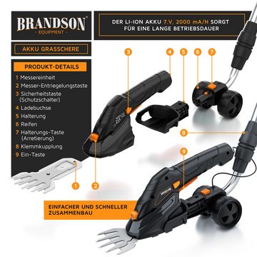 Brandson Akku-Grasschere, bis 1,3 m Arbeitshöhe, elektrische Garten Strauchschere, Teleskopstange 90-130 cm mit Rädern