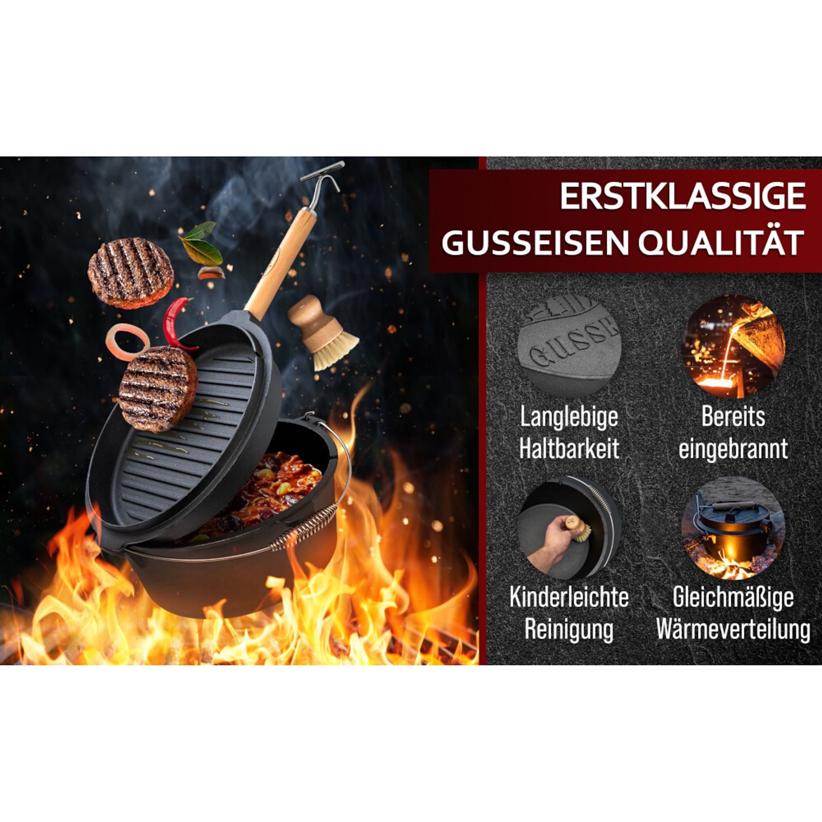 GUSSKÖNIG Grilltopf Dutch Oven 12 l ohne Füße 2in1 Deckelheber, Bürste, Untersetzer, Gusseisen