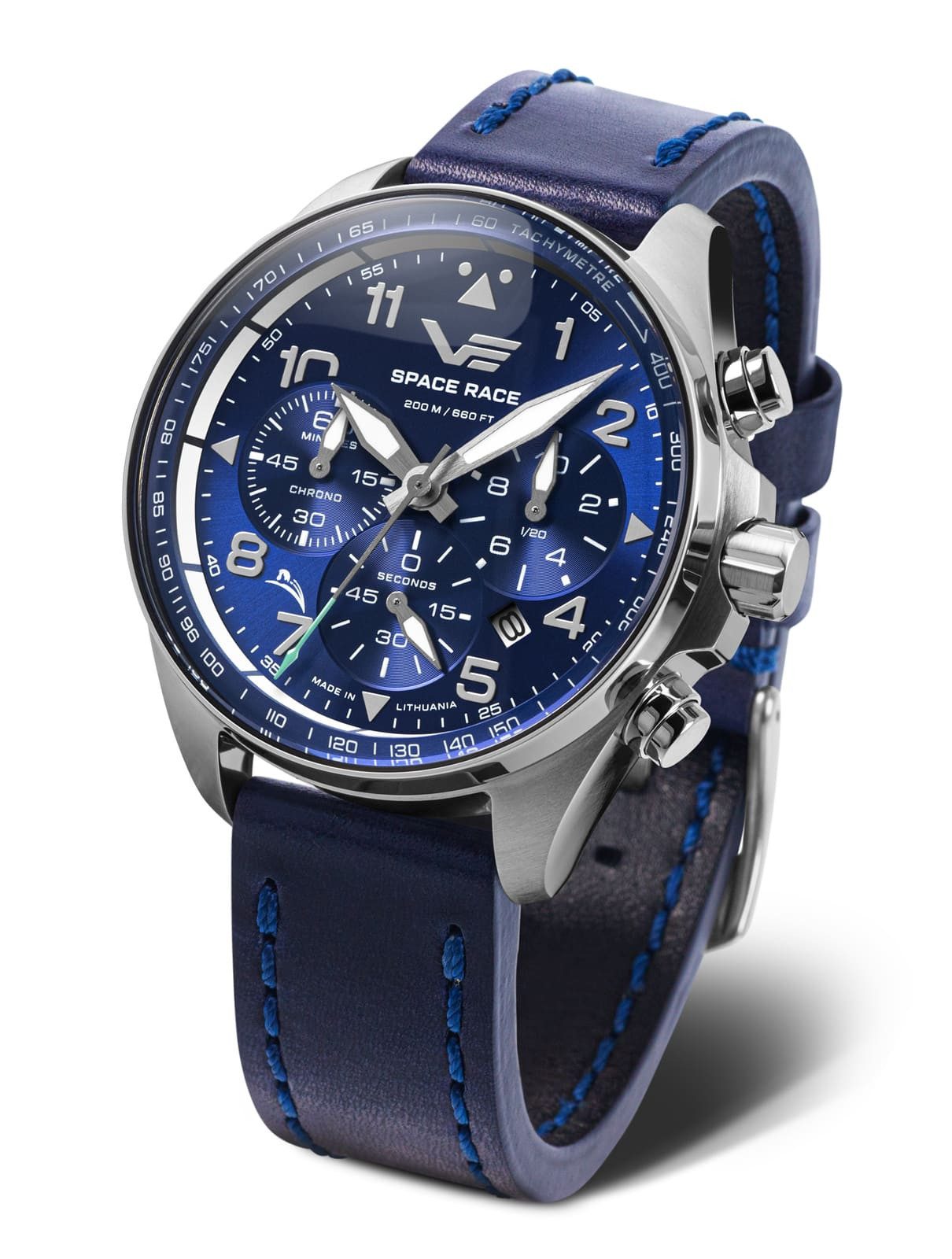 Vostok Europe Chronograph Space Race Herrenuhr – 46 mm Herrenarmbanduhr 325A742-L, mit blauem Lederband