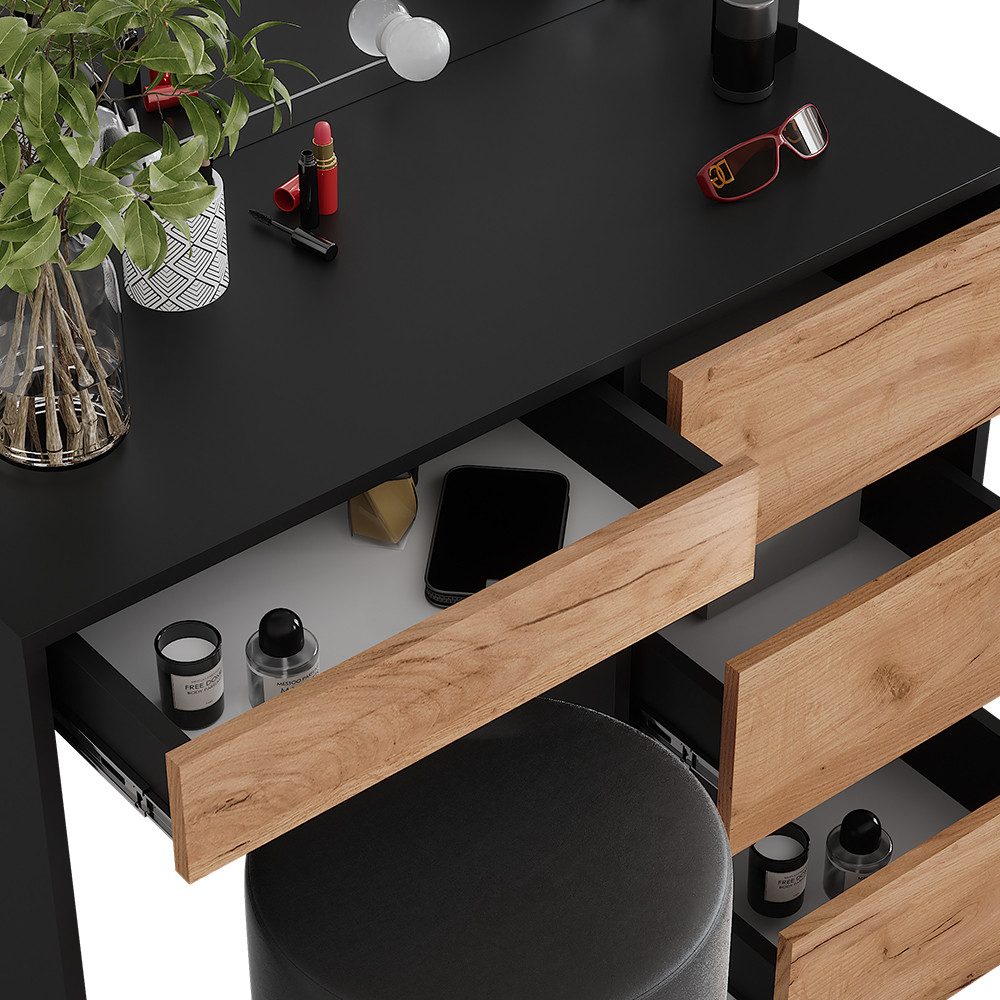 Vicco Schminktisch Sherry, Anthrazit/Goldkraft Eiche, 90 x 75 cm mit Spiegel, LED-Bele...