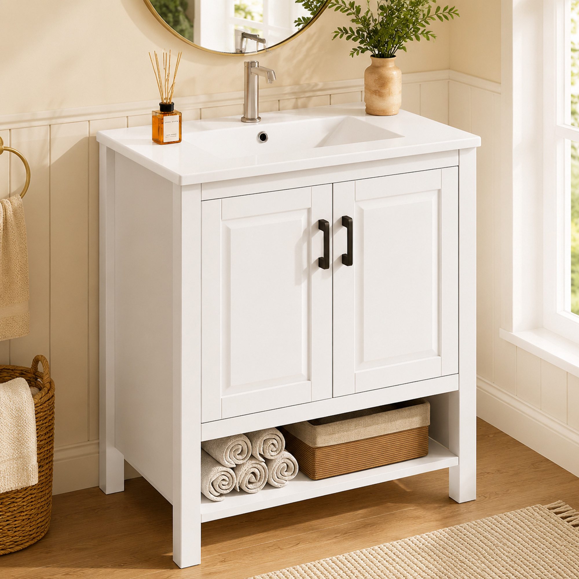 Flieks Waschtisch mit beweglicher Türregalen, Waschbeckenunterschrank mit Waschbecken (B76,5/T47/H83 cm, 1-St., bodenstehender, Regale mit Gleitschienen), Badez – Bild 3 von 5