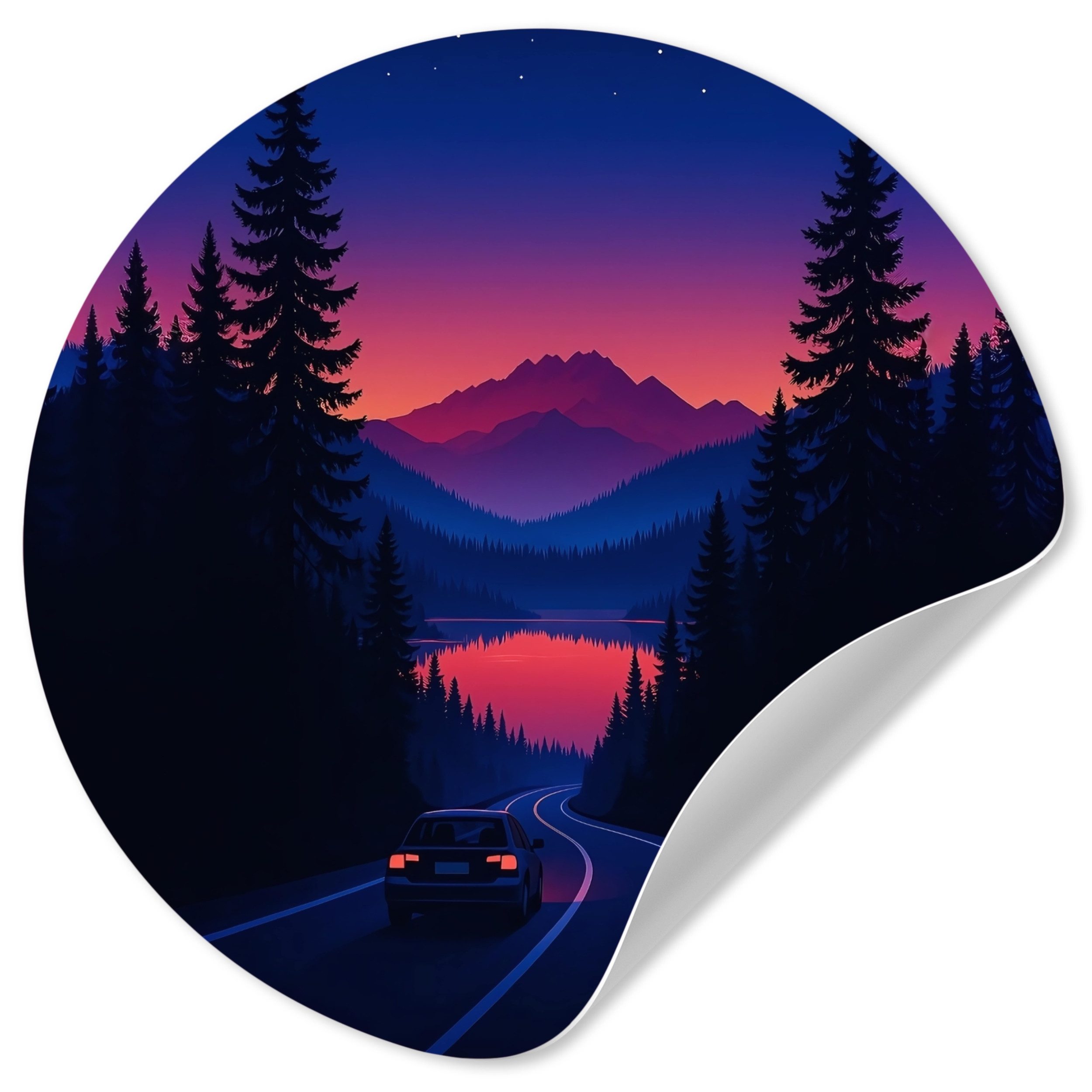 MuchoWow Wandsticker Auto - Dunkle Kiefern - Sonnenuntergang (1 St), Wandtattoo Selbstklebend, Wohnzimmer Deko Aufkleber, 30x30 cm
