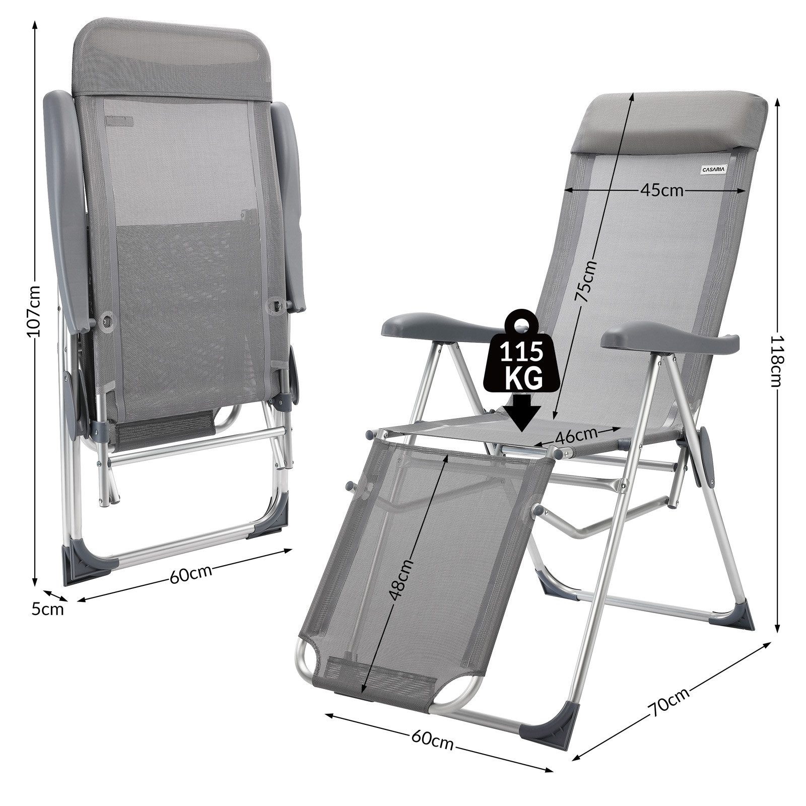Casaria Gartenstuhl (2 St), 2er Set Hochlehner 7fach Verstellbar Liegefunktion Alu Klappbar Grau