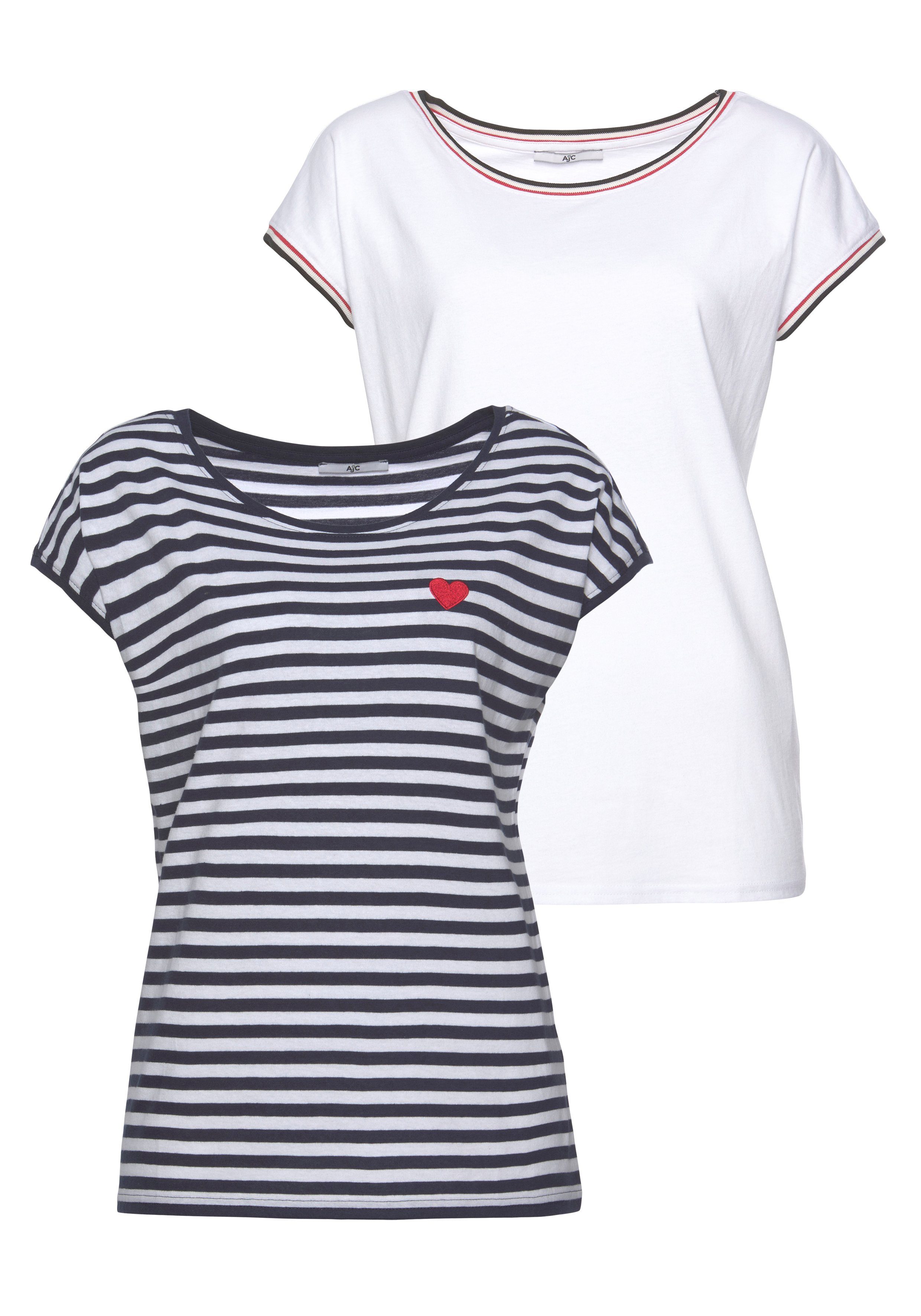 AJC Rundhalsshirt im Doppelpack gestreift mit kleiner Stickerei + solid marine-weiß | T-Shirts