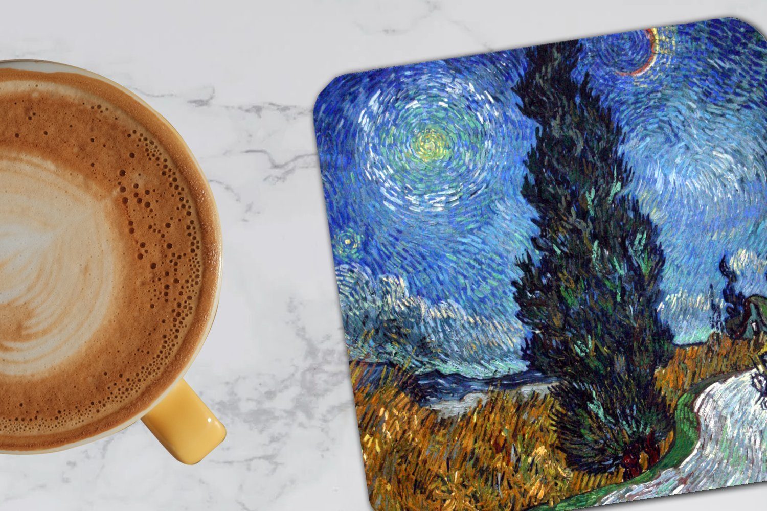 für Glasuntersetzer Straße Tasse Stern Gemälde Gläser, Tischuntersetzer, Zypresse Glasuntersetzer, und - mit von Untersetzer, van Korkuntersetzer, Zubehör 6-tlg., Vincent Gogh, MuchoWow