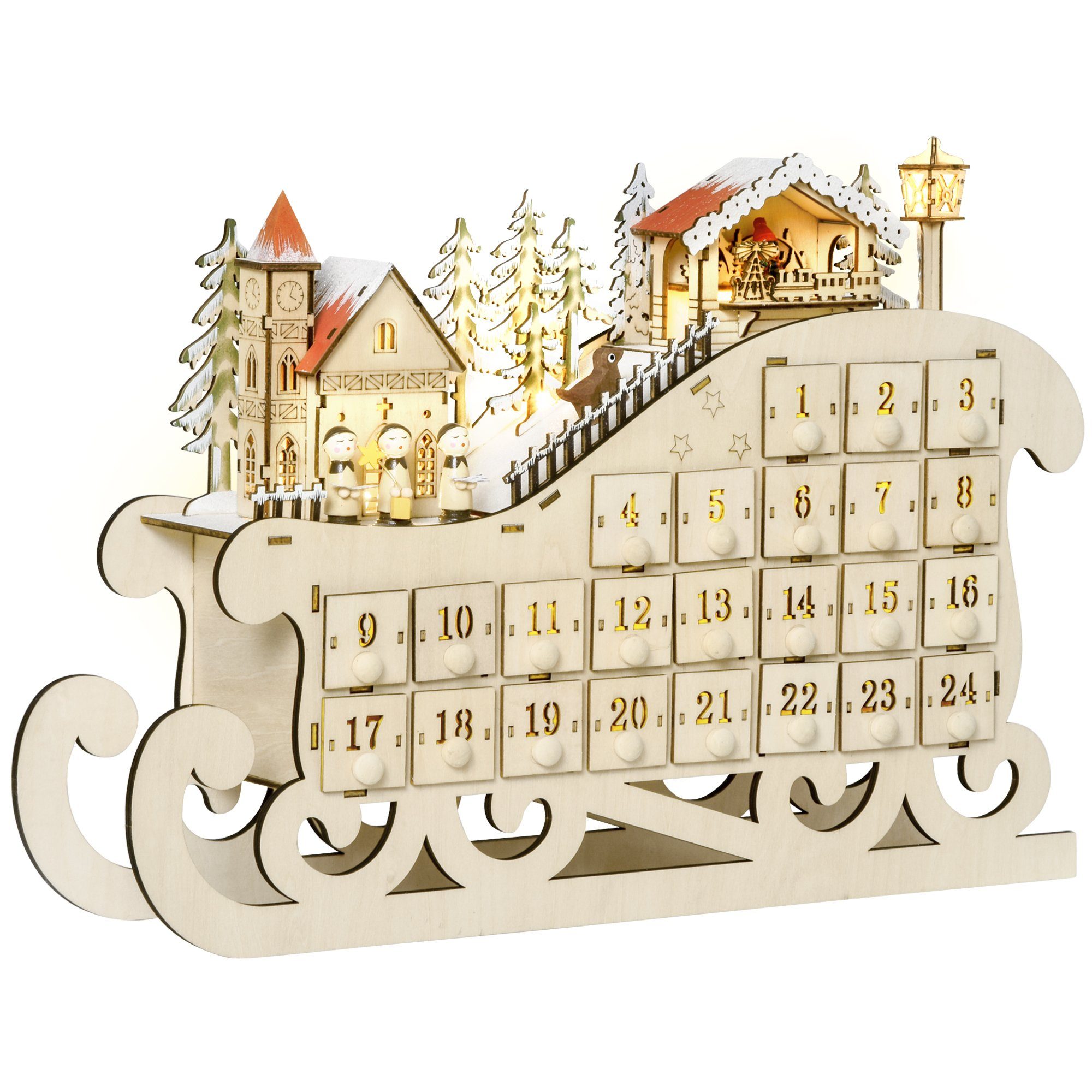 HOMCOM Weihnachtsdorf Adventskalender zum Befüllen 24 Schubladen Fächer DIY, DIY Sperrholz-Platte Naturholz 45 x 10 x 31 cm