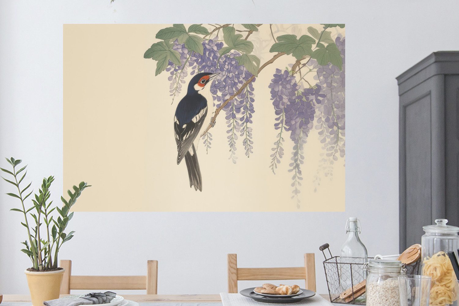 MuchoWow Wandsticker Specht - Blumen - Lila (1 St), Wanddeko, Aufkleber, Wandtattoo, 120x80 cm