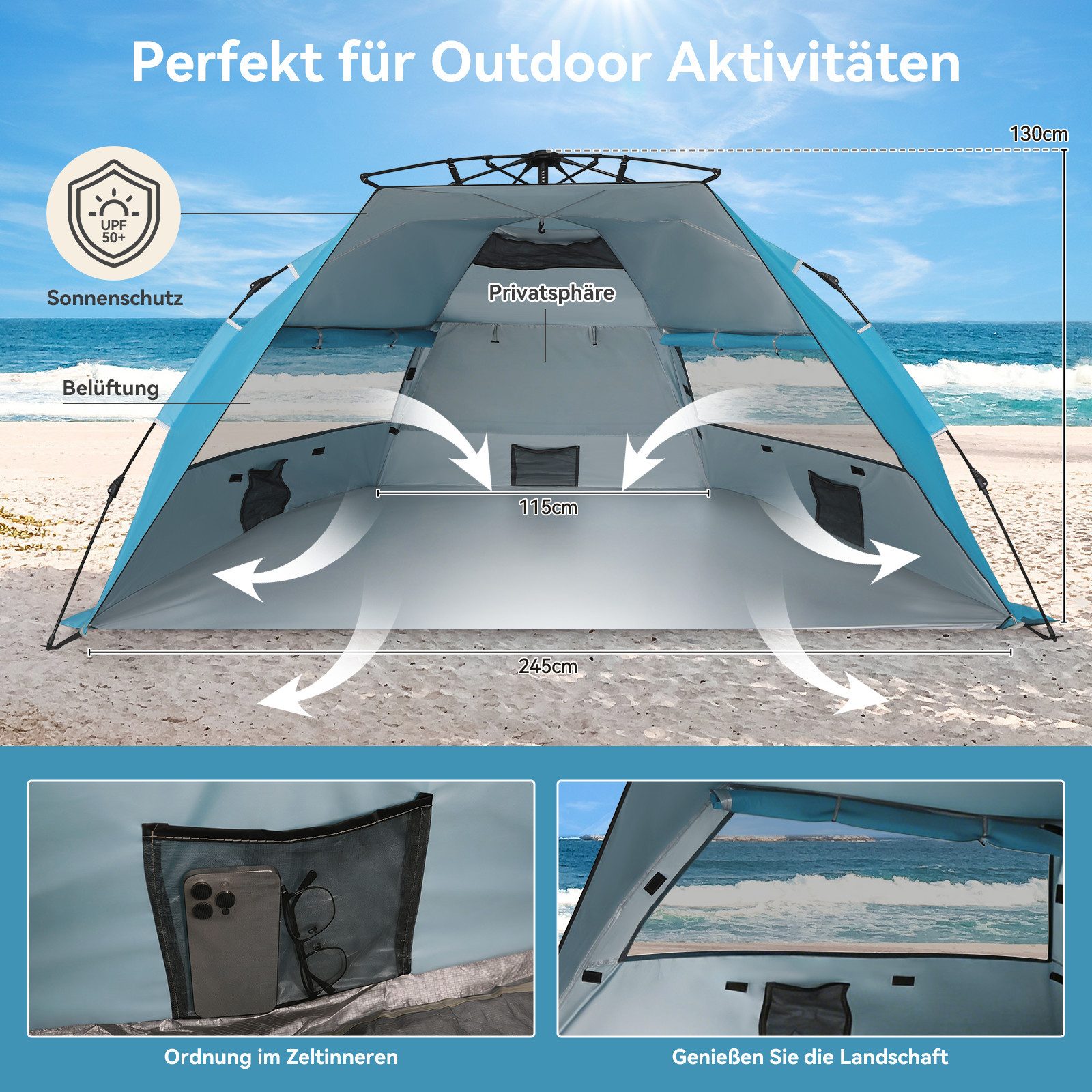 Puluomis Strandmuschel Strandzelt Pop-up-Zelt UV-Schutz 50+, mit/ohne Sonnensegel