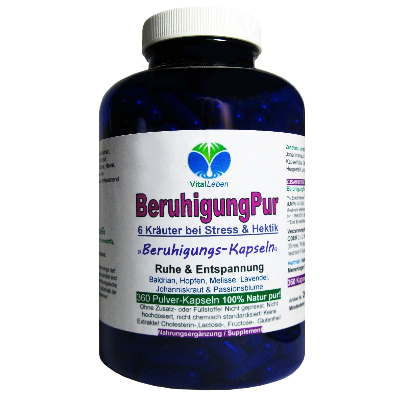 VitalLeben BERUHIGUNG Pur 6 beruhigende Kräuter - RUHE & Entspannung Kapseln, 1 er Dose à 360 St., 144 g