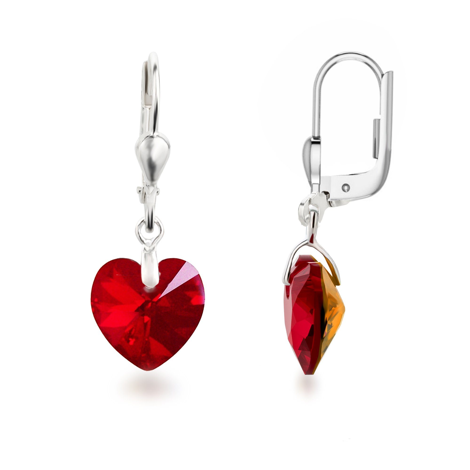 Schöner-SD Paar Ohrhänger Ohrringe hängend mit Herz Kristall 10mm für Damen und Mädchen, 925 Silber Siam-Rot