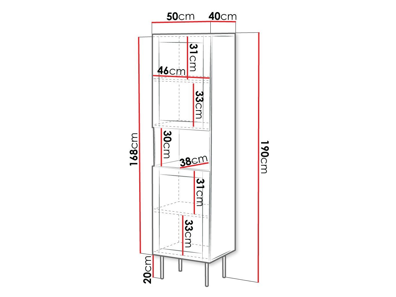 Mirjan24 Vitrine Juta 2D (mit cm Drehtüren) 50x40x190 zwei Metallfüße, Schwarze