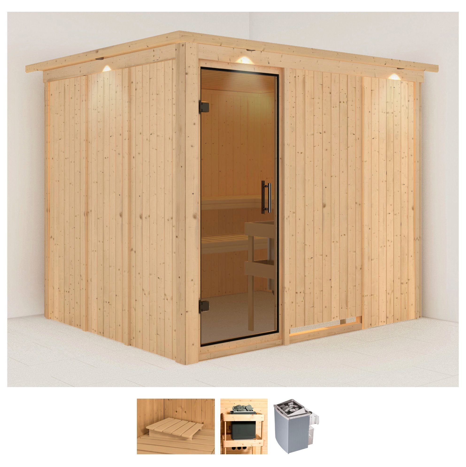 Karibu Sauna Gitte, BxTxH: 245 x 210 x 202 cm, 68 mm, (Set) 9-kW-Ofen mit integrierter Steuerung