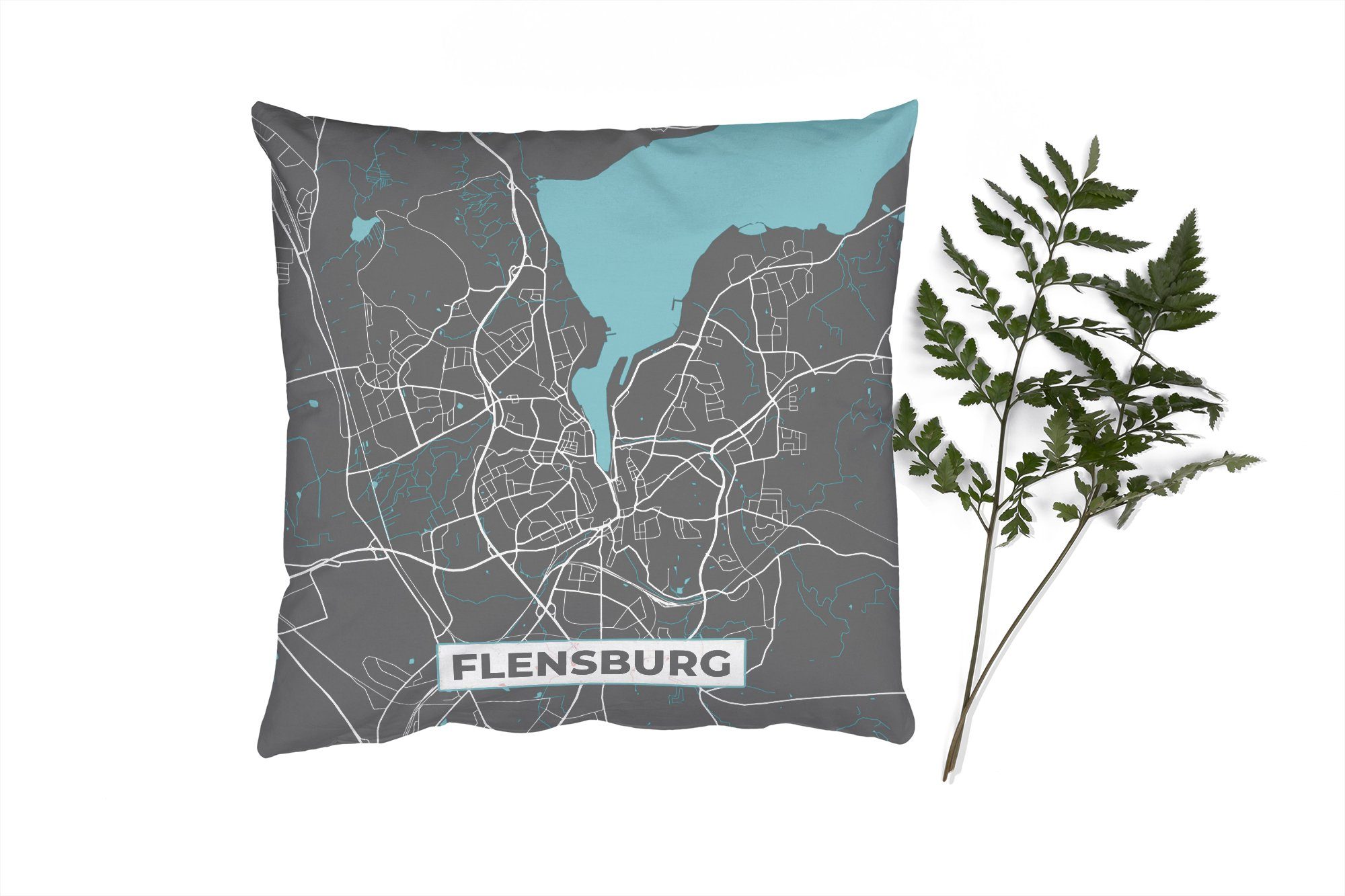 MuchoWow Dekokissen Stadtplan - Karte - Deutschland - Blau - Flensburg - Karte, Zierkissen mit Füllung für Wohzimmer, Schlafzimmer, Deko, Sofakissen