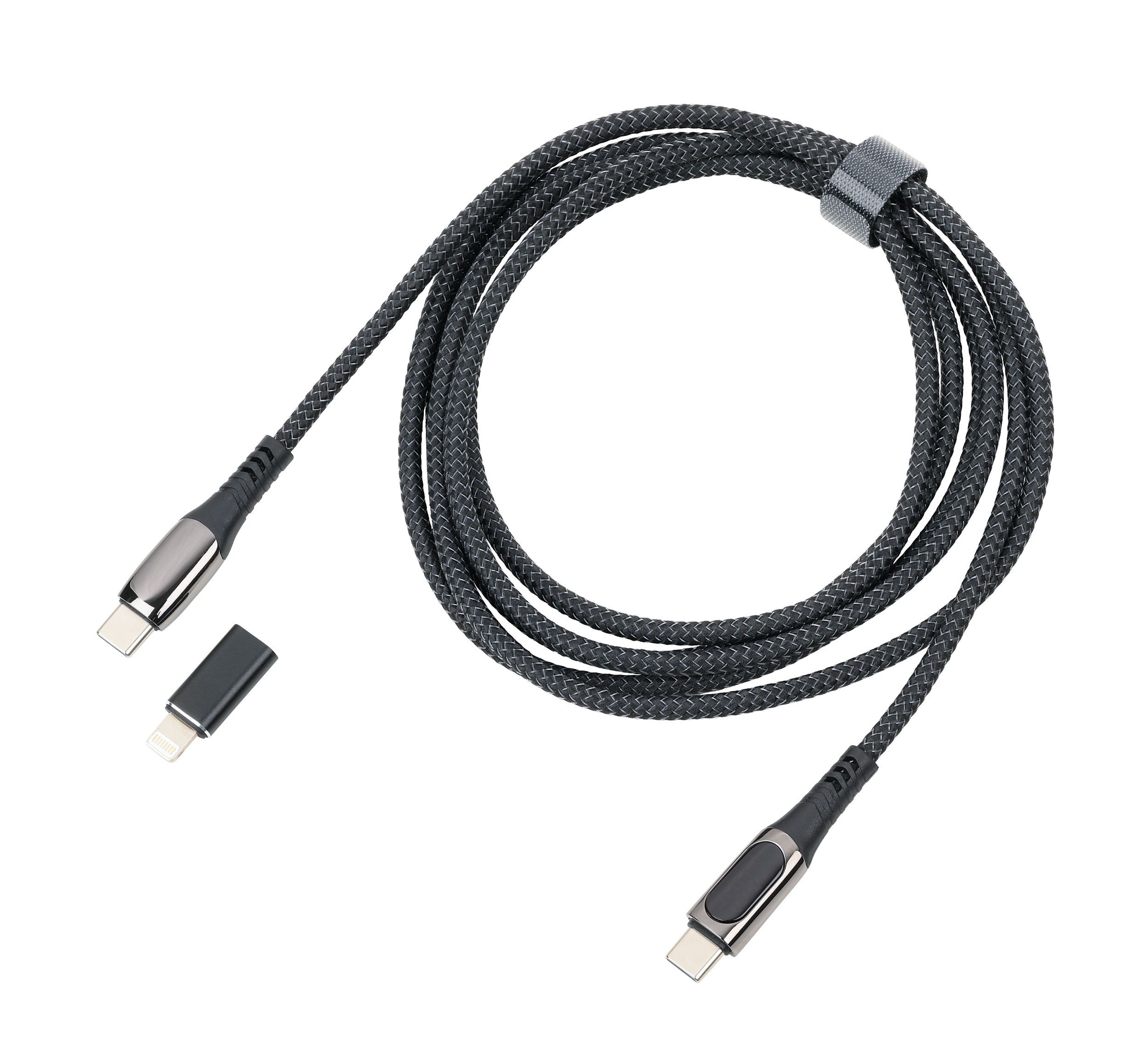 TROIKA USB-C 100W Ladekabel SPEEDY XL mit Lightning Adapter, Schnellladekabel Schnelllade-Gerät (1-tlg., für Handy, iPad, Laptop, Kabel aus Recyclingmaterial mit Display)