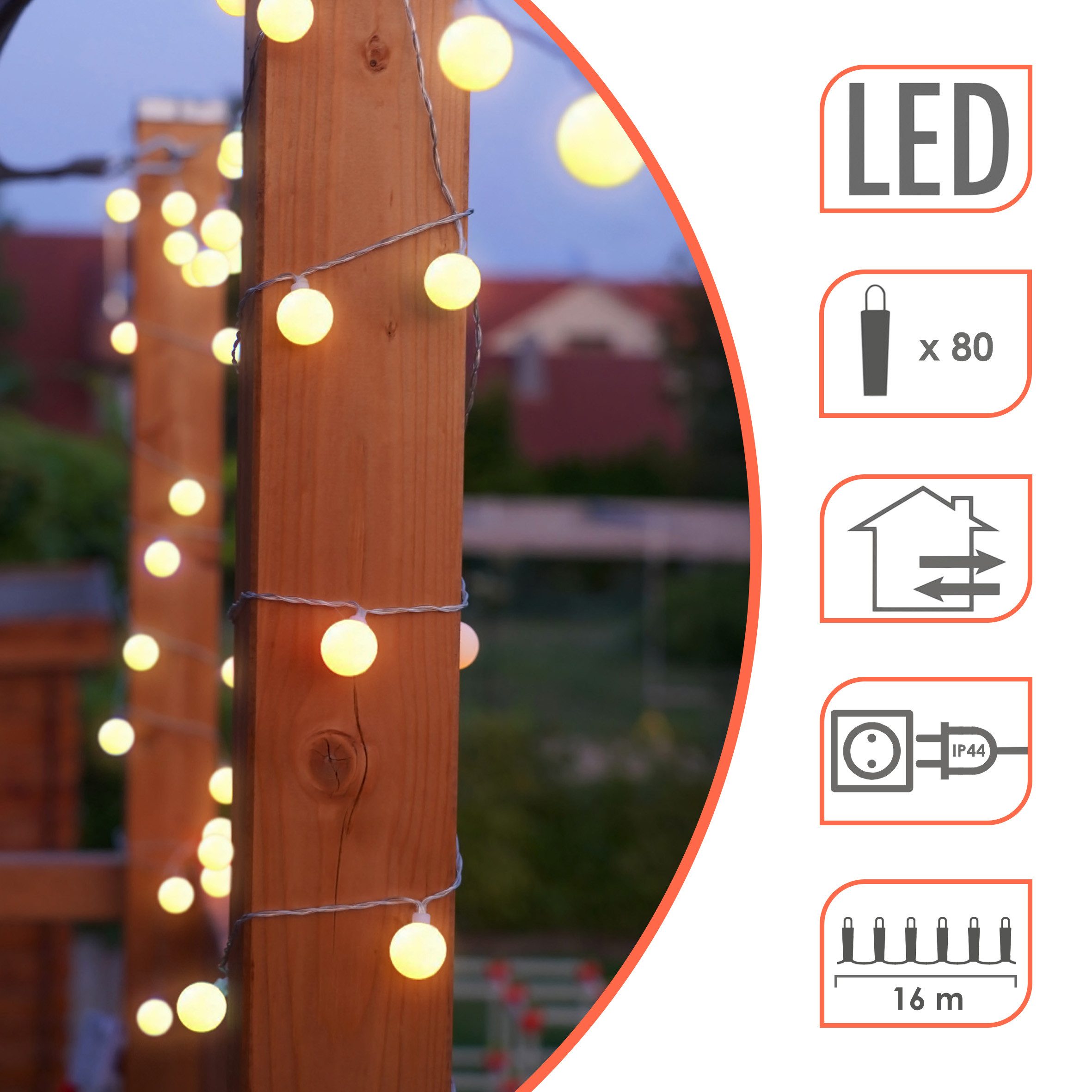 Spetebo LED-Girlande LED Party Lichterkette mit 80 Kugeln - 16 m / weiß, 80-flammig, Festbeleuchtung mit Netzteil