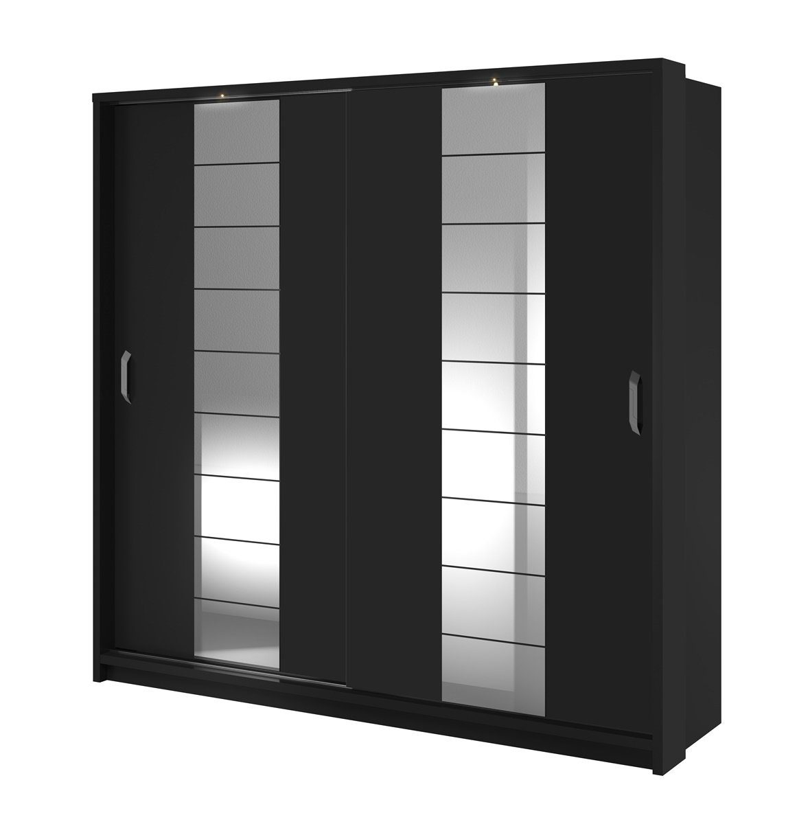 Schwebetürenschrank Schwarz Schlafzimmer Breite für zweitürig, Geräumiger Kleiderschrank 220 cm, Compleo ARTI 14, LED-Beleuchtung