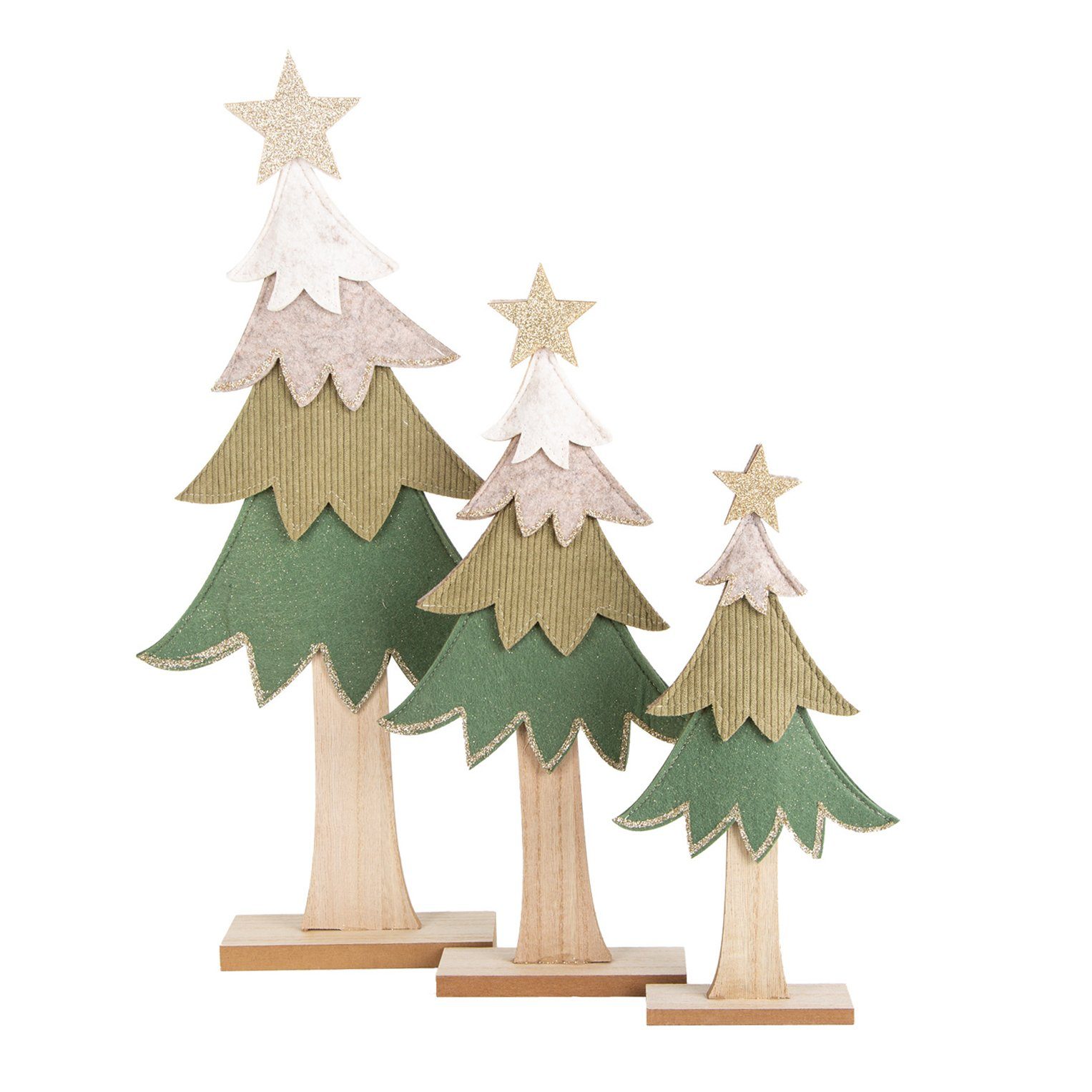 Logbuch-Verlag Weihnachtsfigur Weihnachtsbaum Set 3 Stück aus Holz & Filz (3 St), mit Glitzer Stern und Natur Stamm
