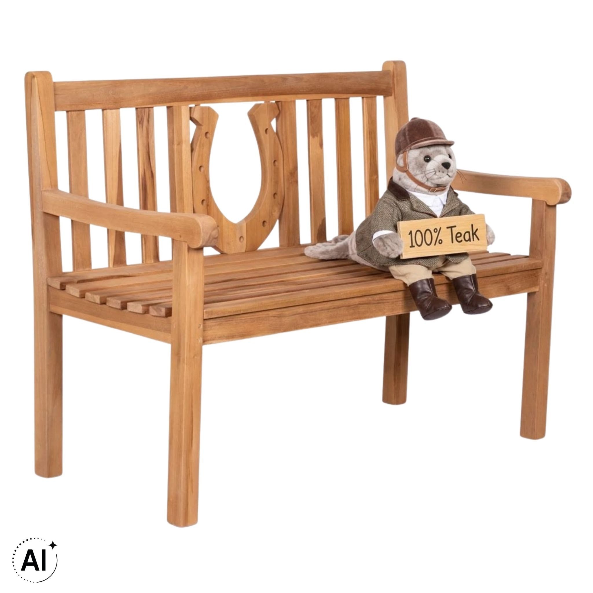 MR.DEKO Gartenbank Teak Hufeisen 120 cm – Glücksbank für Reiter & Tierfreunde (2-Sitzer Bank, zerlegt geliefert, ideal für Terrasse, 1-St), Massive Sitzbank Garten und Balkon, 250 kg belastbar
