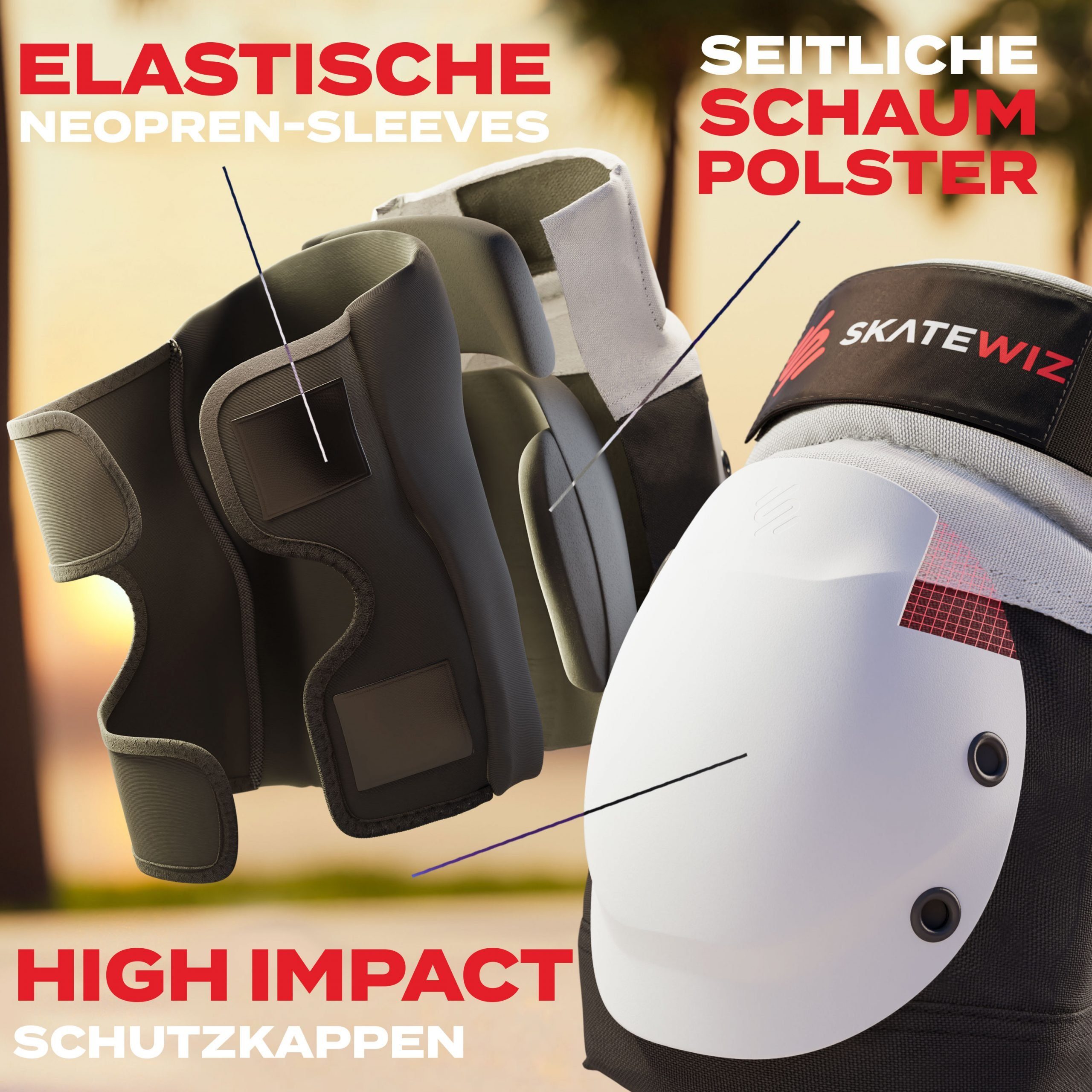 SKATEWIZ Protektoren-Set SHIELD - Skateboard Schonerset für Jugendliche und Erwachsene (Inliner Protektoren Damen Ellbogenschützer Herren, 7-tlg., Handschoner,  – Bild 3 von 5