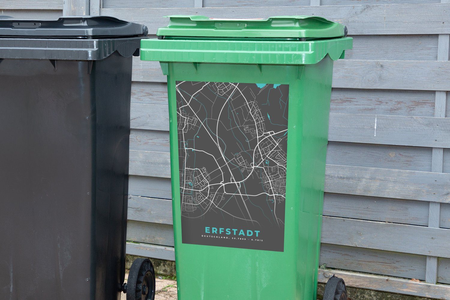 MuchoWow Wandsticker Erfstadt Karte - (1 Mülleimer-aufkleber, Sticker, Container, St), Blau Mülltonne, - Deutschland - Abfalbehälter Stadtplan 