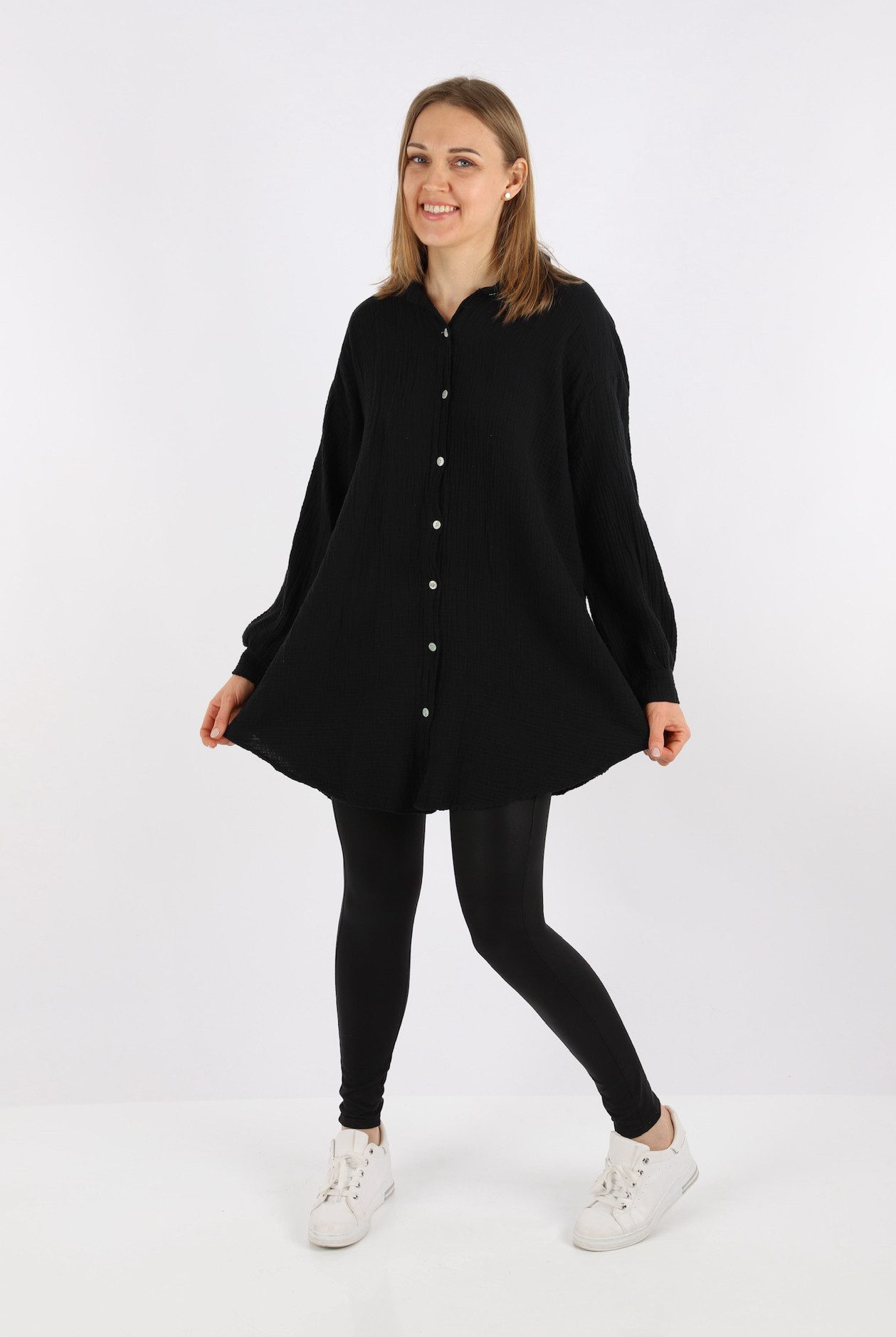 HELLO MISS Blusenkleid Beliebte Musselin Oversize Bluse in Lang, Baumwolle Hemd, Sommer Bluse in Unifarbe