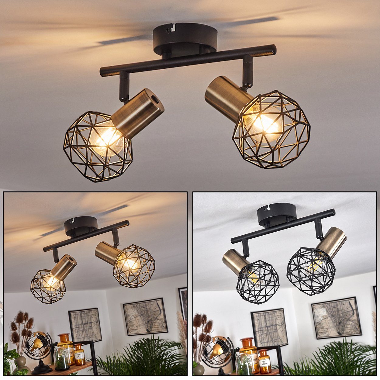 hofstein Deckenleuchte »Torano« Deckenlampe aus Metall in Schwarz und messingfarben, ohne Leuchtmittel, mit verstellbaren Strahlern, 2xE14, Vintage Design mit Gitterschirmen