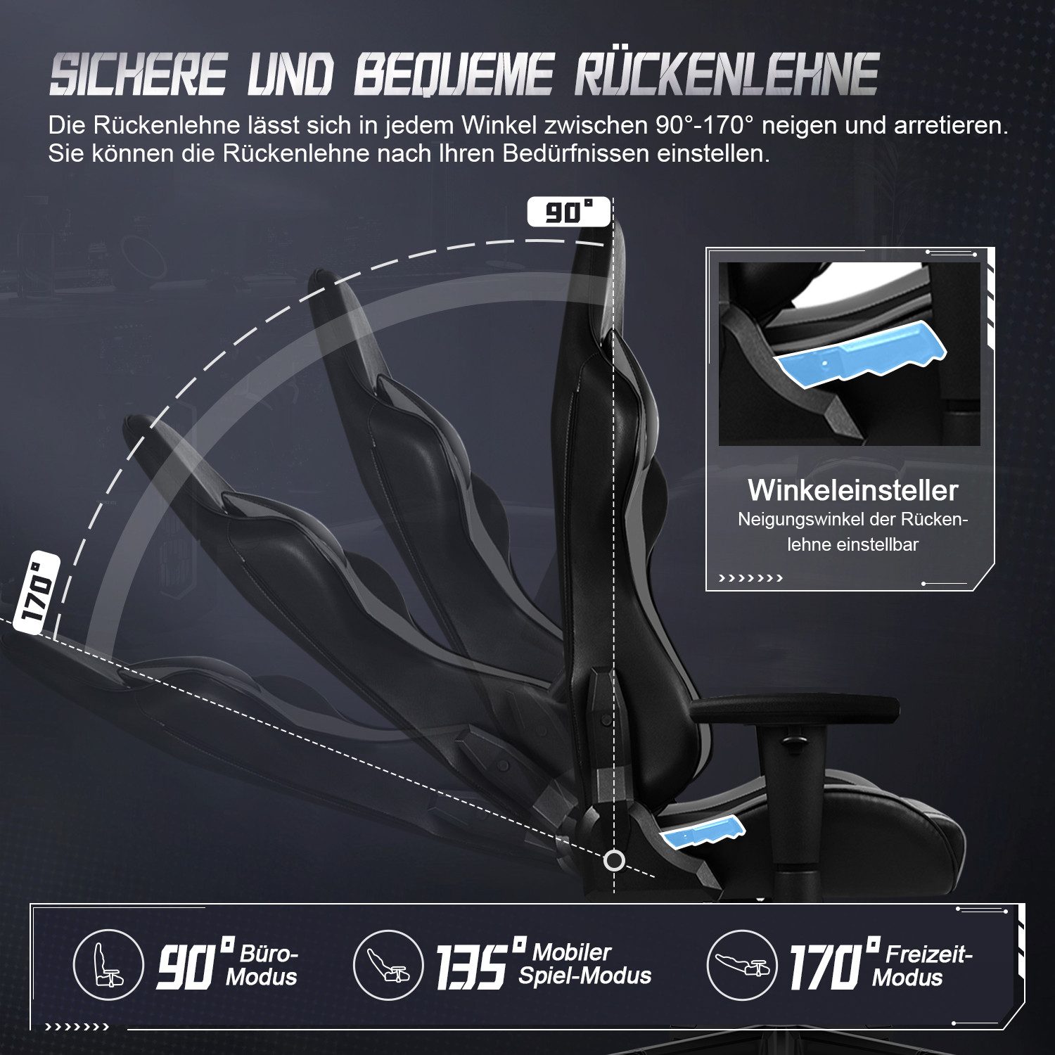 Adormii Gaming-Stuhl Gaming stuhl mit verstellbaren Armlehnen, ergonomisch gaming chair (90°–170° neigbar und arretierbar, gamingstuhl mit gepolsterter Kopfstütze und Lendenkissen, pc stuhl gaming mit verdicktem Sitzkissen, 10cm höhenverstellbarem Sitz, gamer stuhl bis 150 kg)