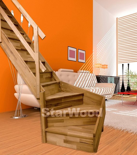 Starwood Massivholz-Wangentreppe Rhodos, ¼ gewendelt, mit Setzstufen & Metall-Holzgeländer