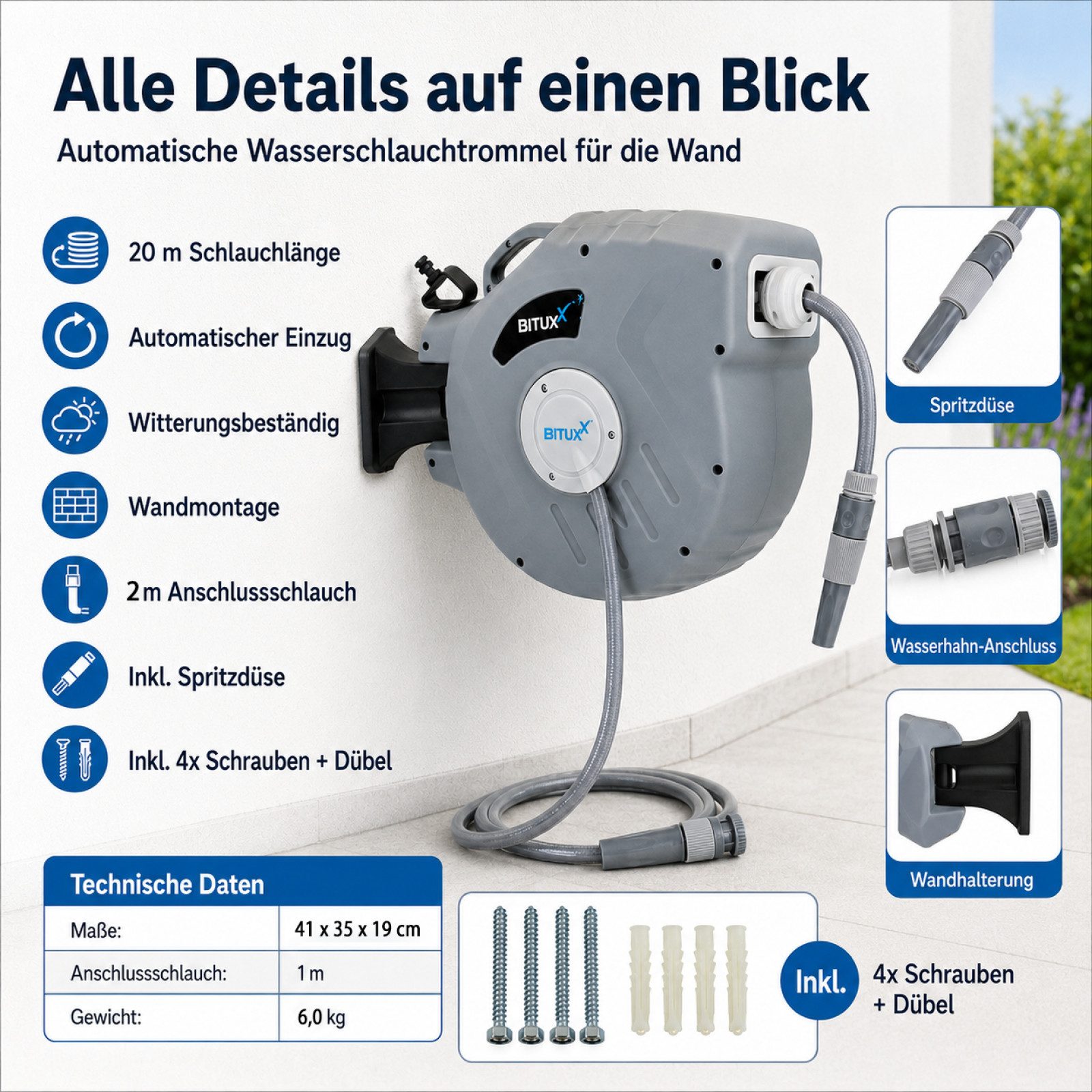 Bituxx Schlauchtrommel Wasser - 20 Meter Wand Wasserschlauchtrommel mit Automatik Aufroller, (1-tlg., MS-17756) – Bild 5 von 5