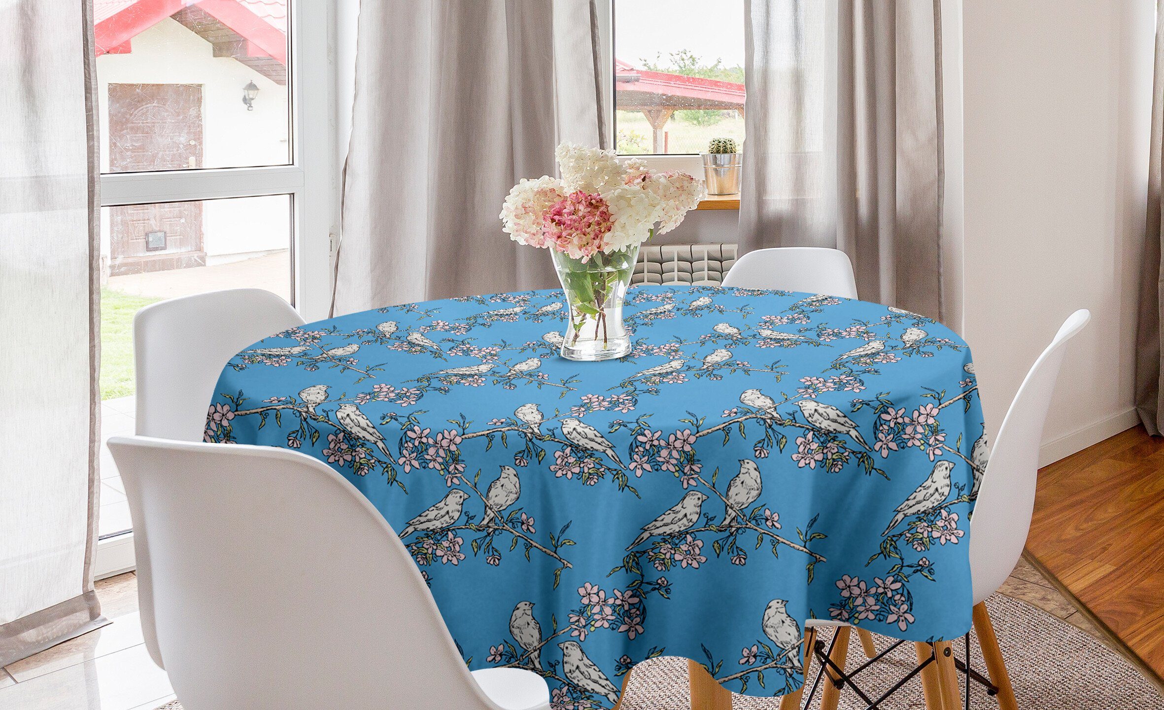 Abakuhaus Tischdecke Kreis Tischdecke Abdeckung für Esszimmer Küche Dekoration, Vögel Cherry Blossom und Finke | Tischdecken
