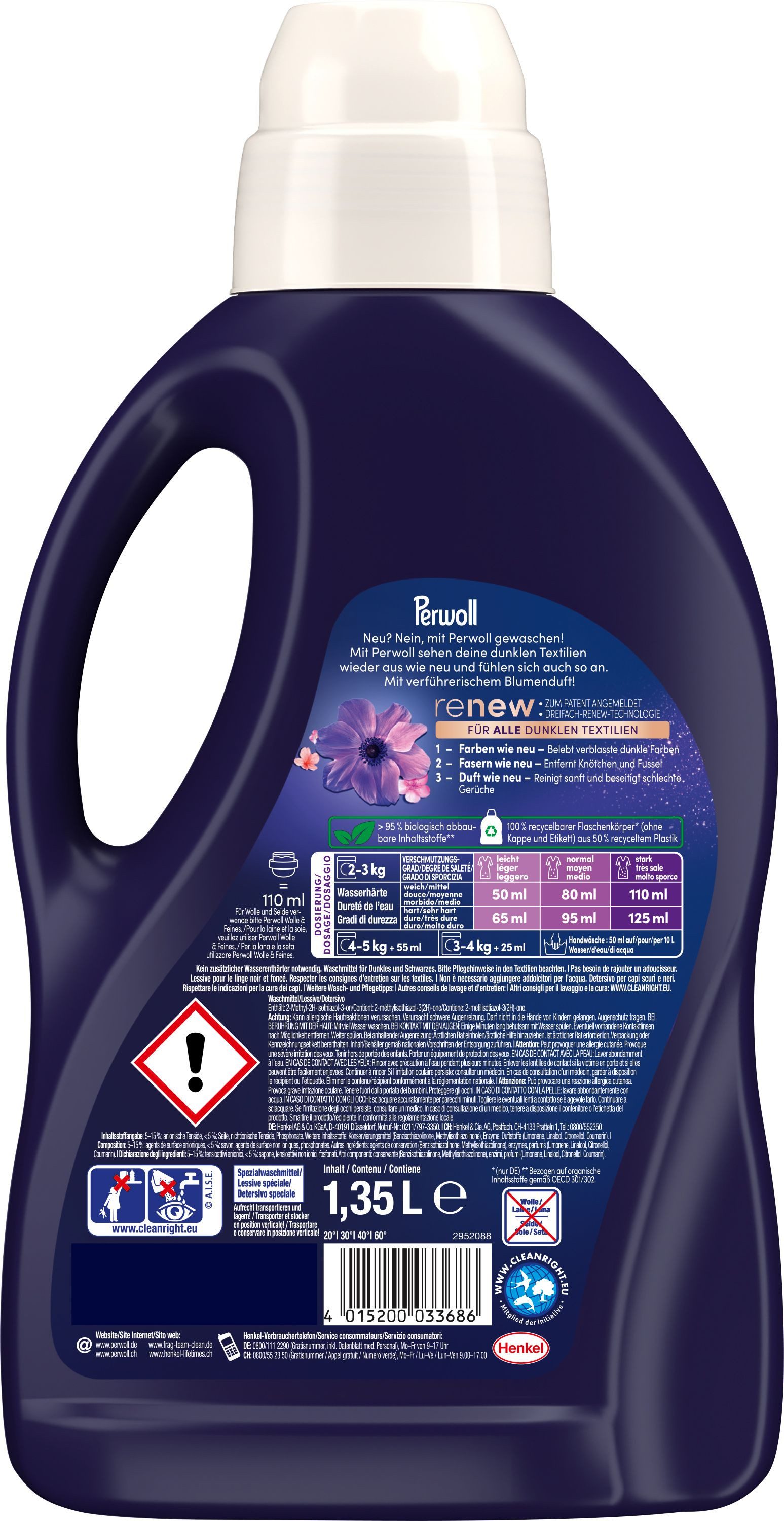 Perwoll Black Blütenmeer & Sport 2 x 27 WL (54WL) Vollwaschmittel (Doppelpack, [2-St. für dunkle & Sport- und Funktionskleidung - mit Dreifach-Renew-Technologie)
