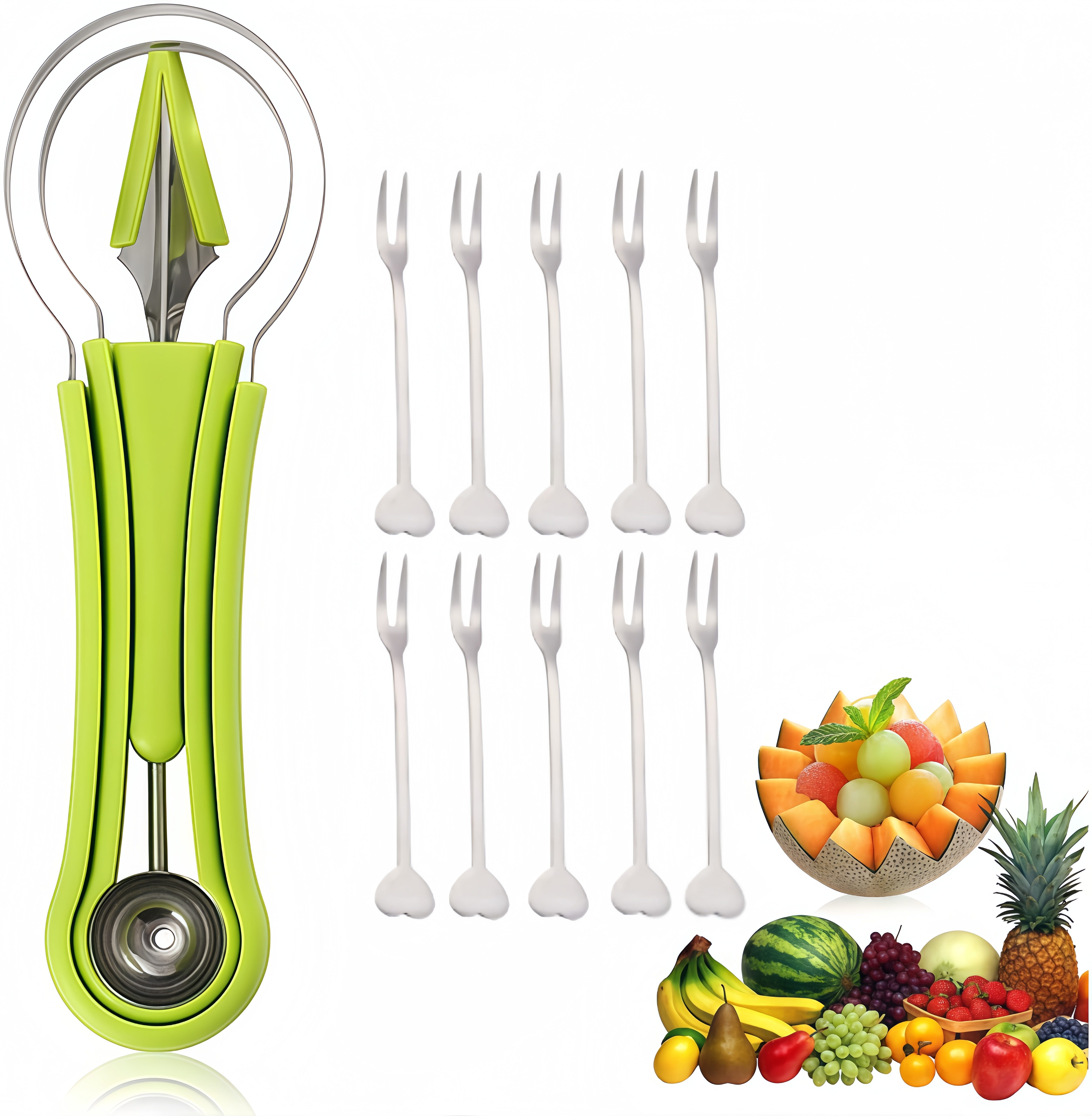 FOUORTUNATE-BEE Obstschneider 3-in-1 Fruchtkugelausstecher mit 10 Gabeln für Obstsalat, Melonenausstecher Set für kreative Sommer-Obstsnacks