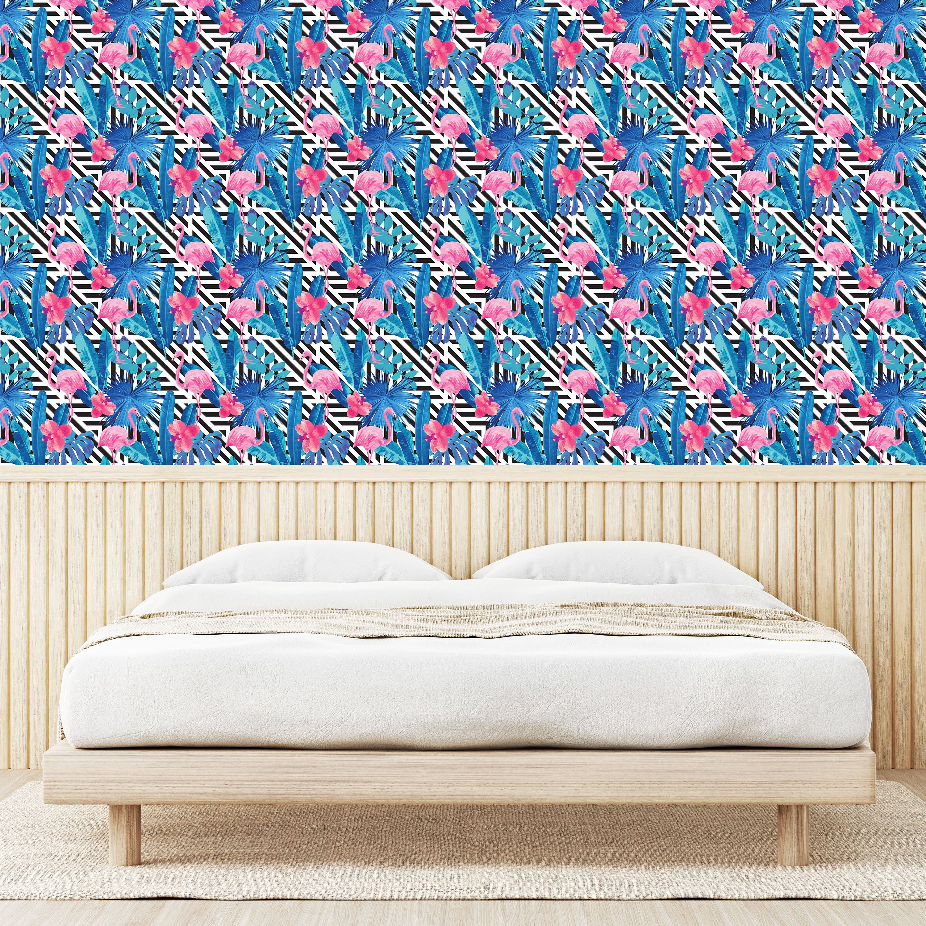 Flamingo Wohnzimmer Abakuhaus selbstklebendes Aquarell Küchenakzent, Vinyltapete Bananenblatt