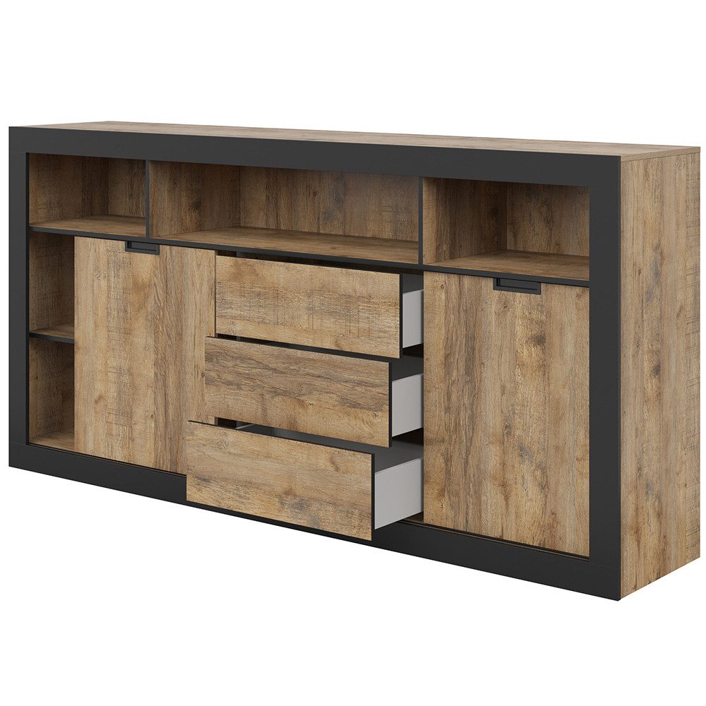 Lomadox Kommode TOLOSA-83, in Eiche mit Rahmen in Mattschwarz, Breite 220 cm