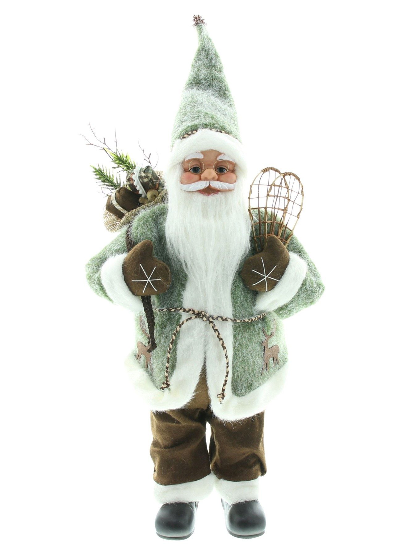 Dekoleidenschaft Weihnachtsmann "Santa" 60 cm hoch, Dekofigur mit Schneeschuhen & Geschenke-Sack, Weihnachtsfigur, Nikolaus, Santa Claus Figur, Weihnachtsmannfigur